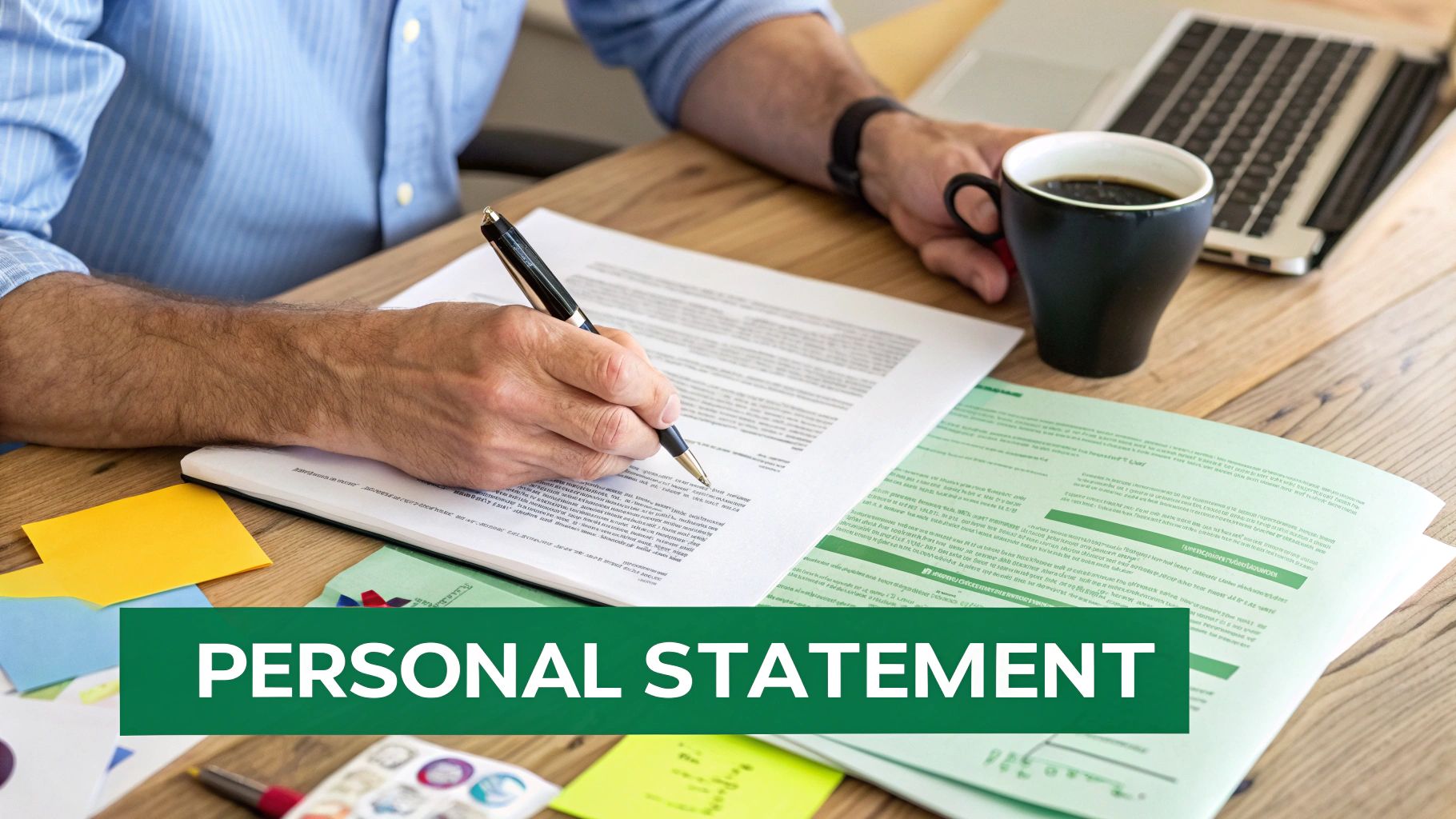 A person's hands writing a personal statement with a pen on a desk with a laptop and coffee.