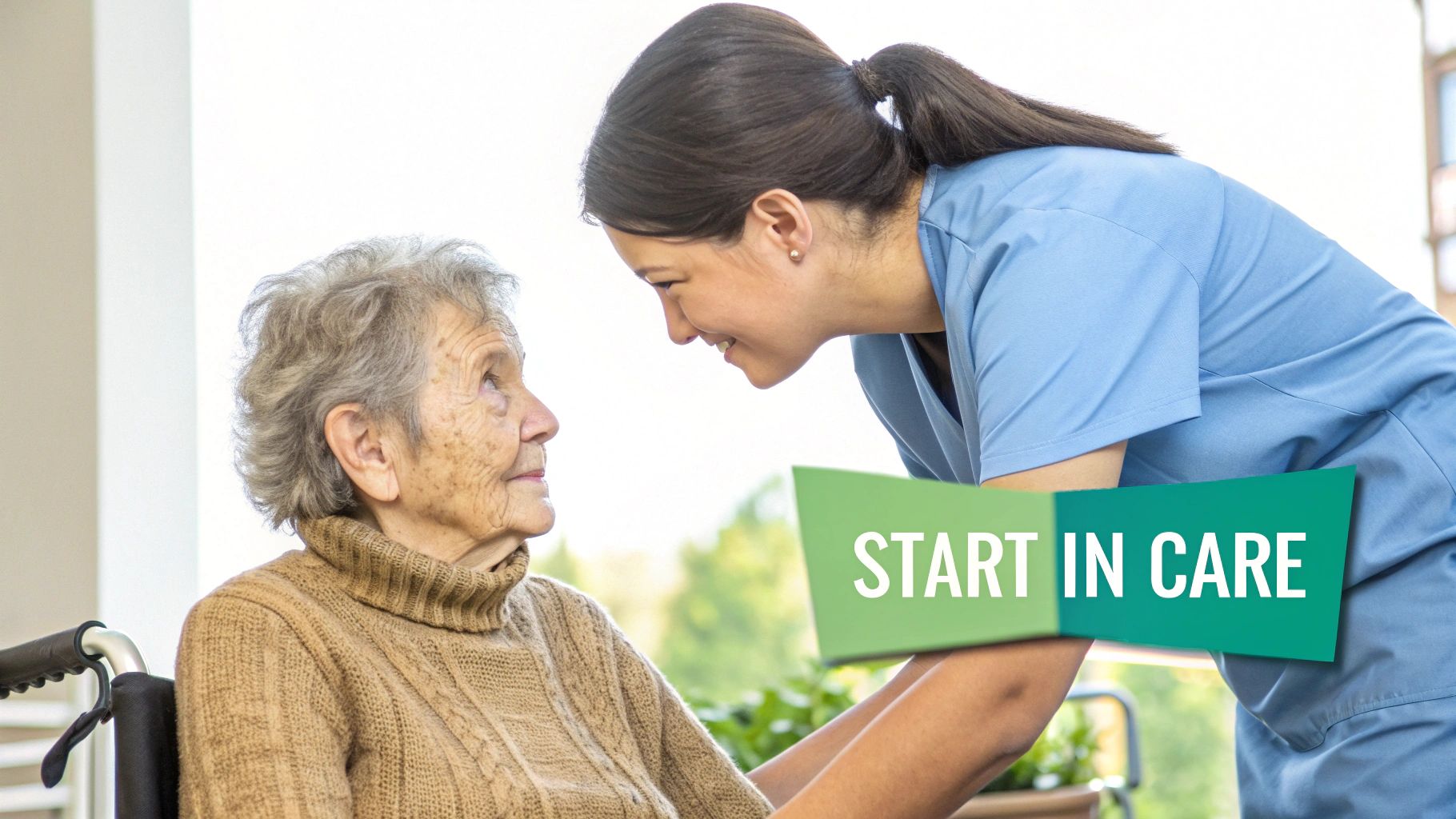 A healthcare assistant smiling while attending to an elderly patient in a care home.