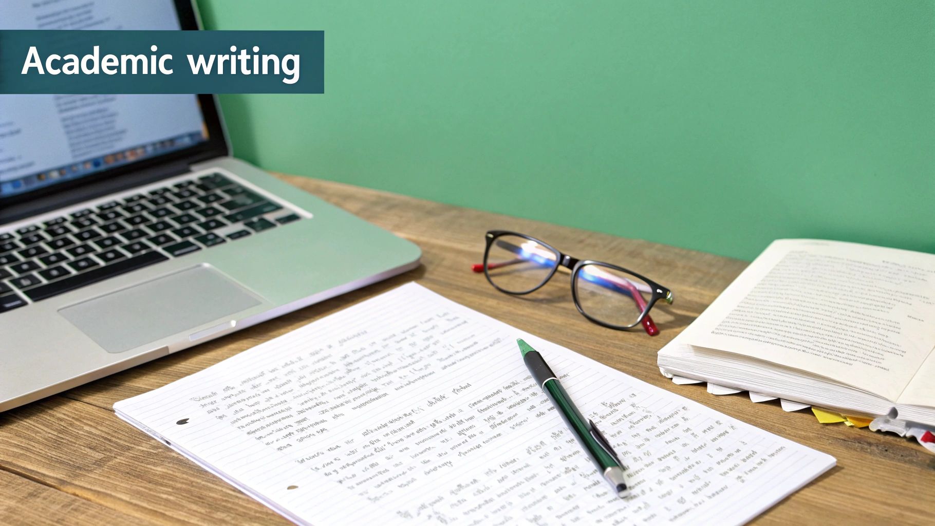 A student's desk with a laptop, notebook, pen, reading glasses, and an open book for academic writing.