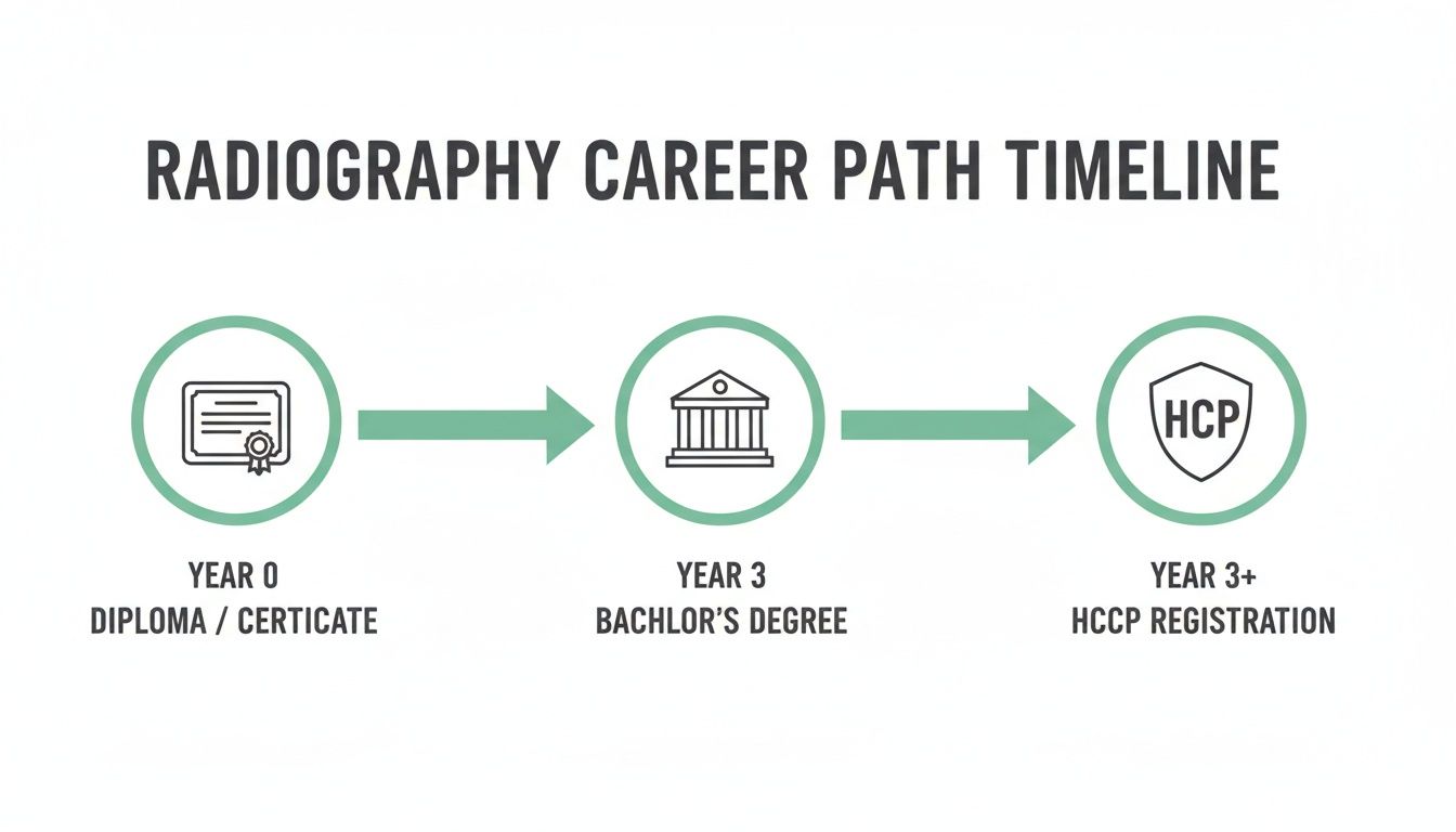 Timeline illustrating the radiography career path from diploma/certificate to bachelor's degree and HCP registration.