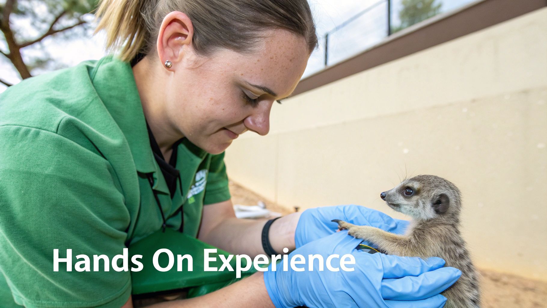 A zookeeper in blue gloves gently holds a small meerkat, showcasing a hands-on animal experience.