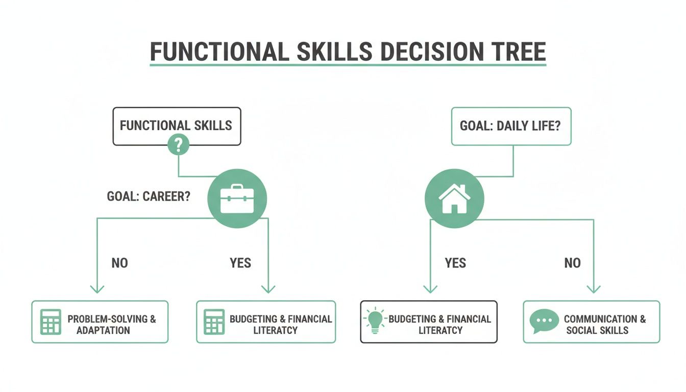 A functional skills decision tree chart mapping various skills based on career and daily life goals.