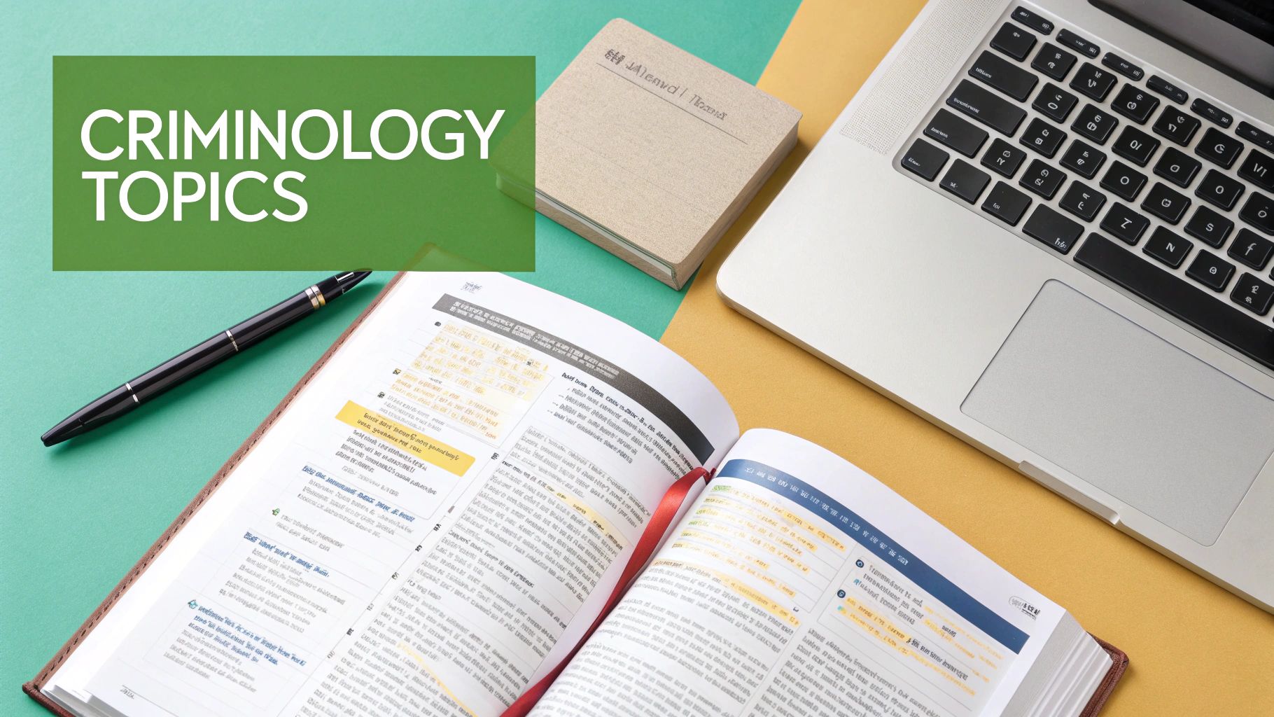 A student studying online with textbooks and a laptop, focused on criminology modules.