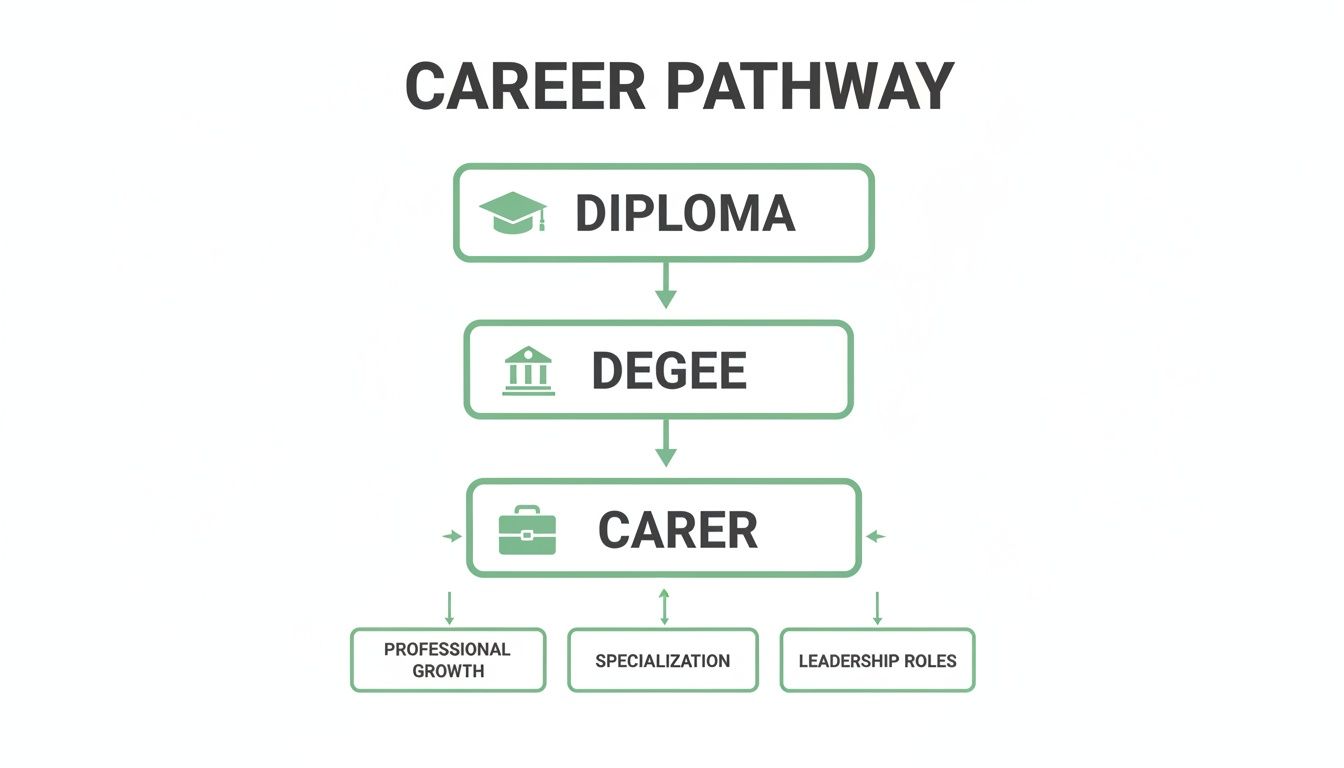 A clear career pathway diagram showing steps from diploma to degree, leading to career and further professional growth options.
