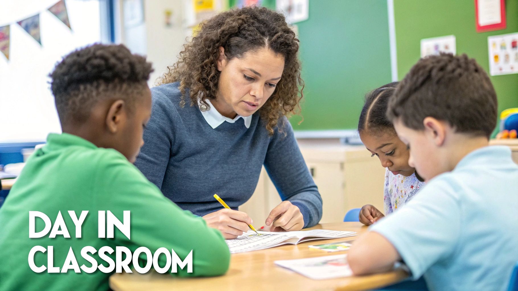 A teacher helps three diverse elementary students with their schoolwork at a desk in a brightly lit classroom.