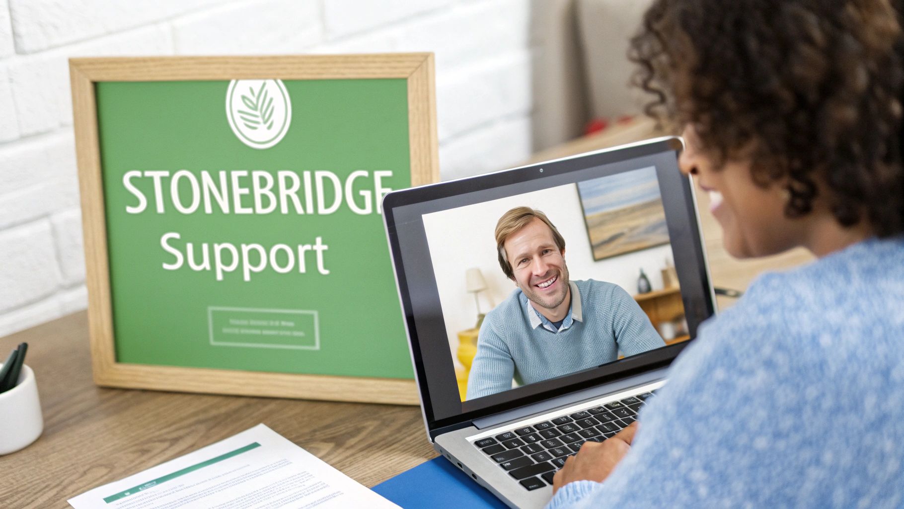 A woman on a laptop video call with a smiling man, featuring a 'STONEBRIDGE Support' sign.
