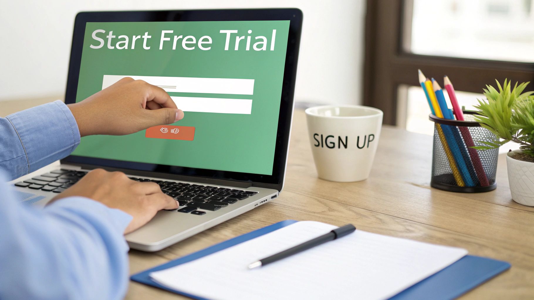 Person clicking start free trial button on laptop screen to sign up for online courses
