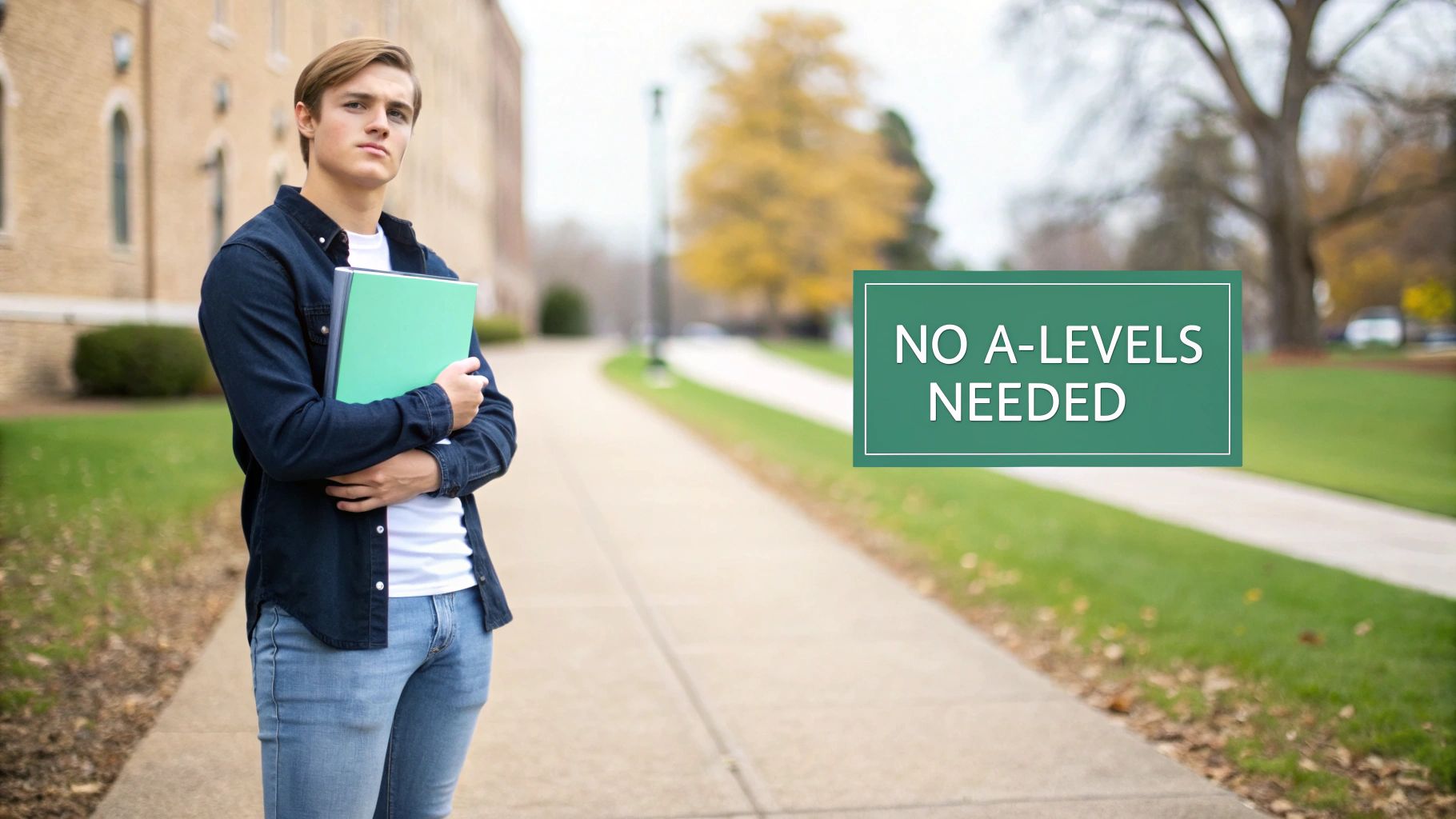 A male student holding green folders stands outside a university building, with text 'NO A-LEVELS NEEDED'.