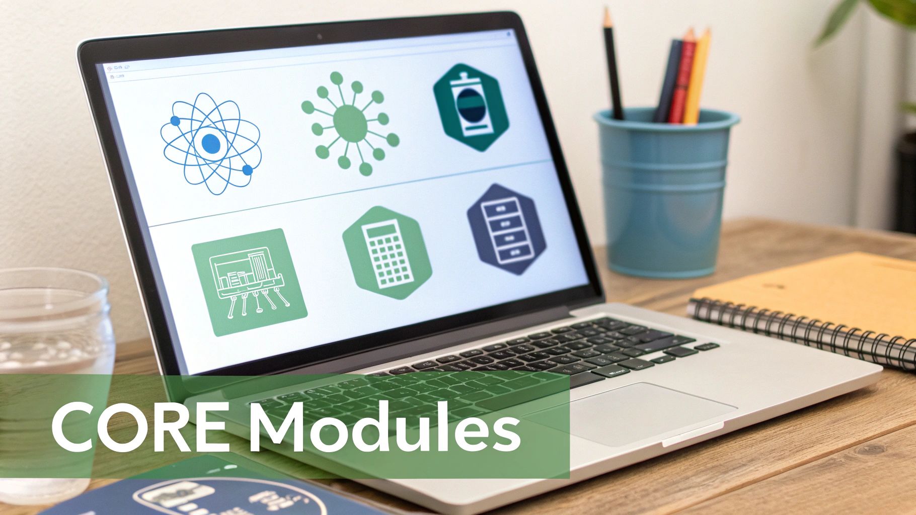 An open laptop displaying "CORE Modules" with icons representing computing, data, and analytics on a desk.