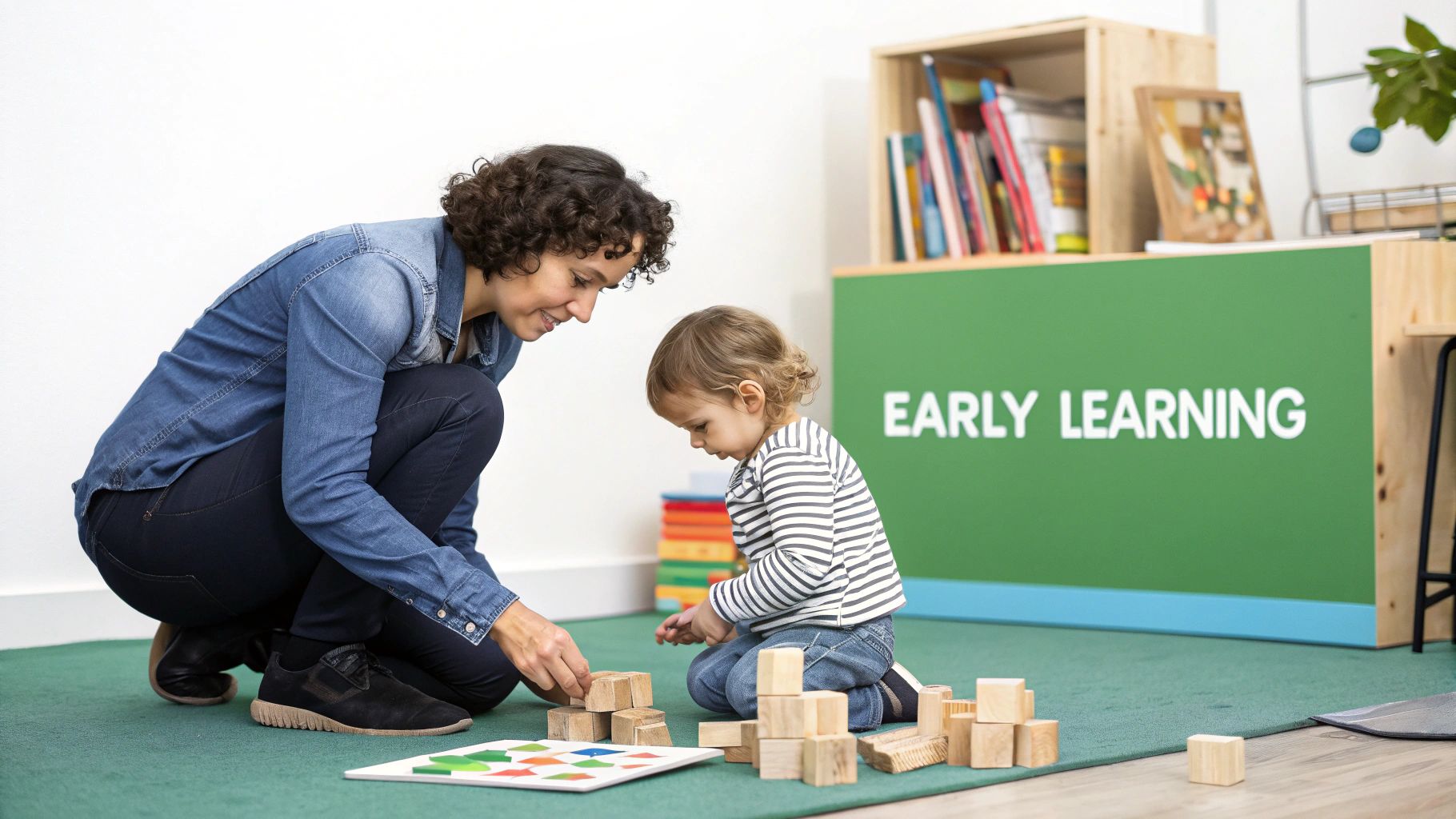 An early years educator playing with a child in a colourful nursery setting.