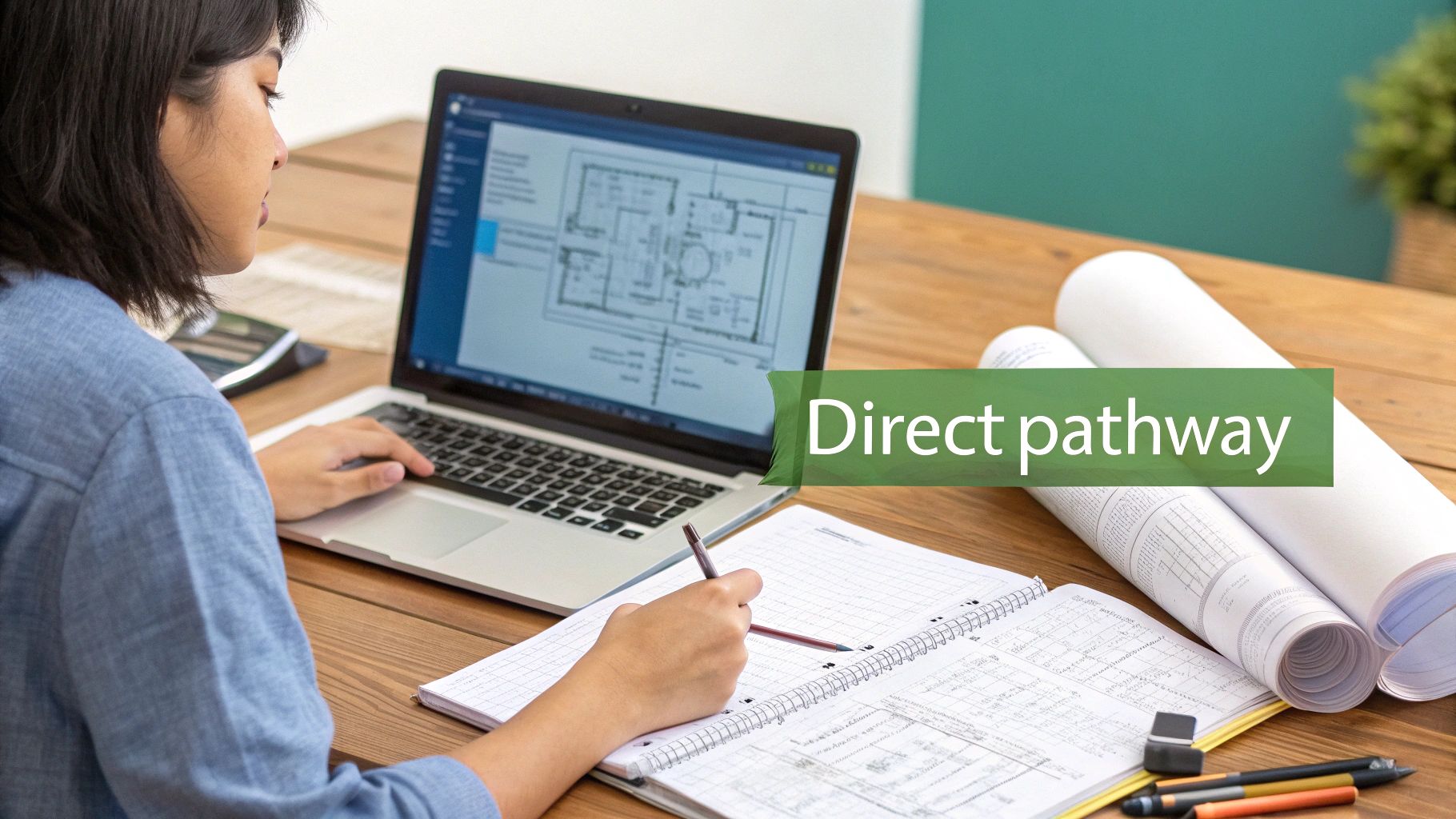 A student works on a laptop displaying a blueprint, taking notes, with rolled plans nearby.