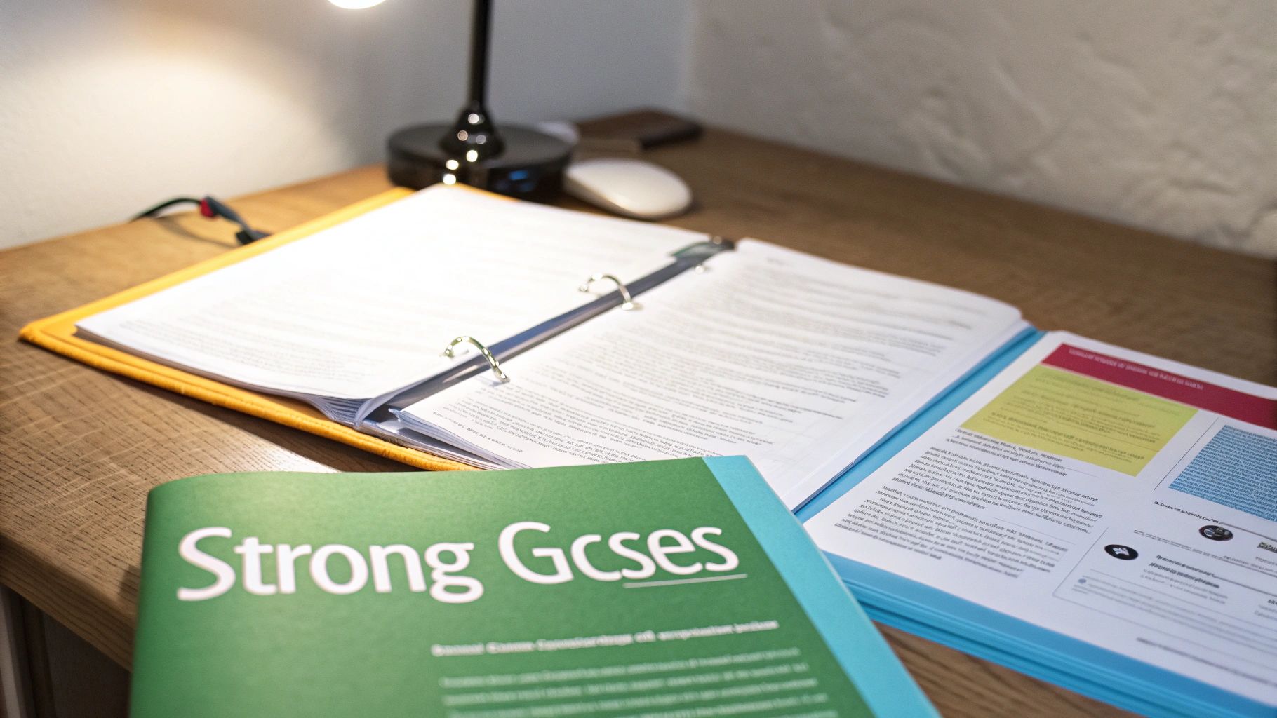 A wooden desk with an open binder, a green 'Strong Gcses' booklet, and various study materials.