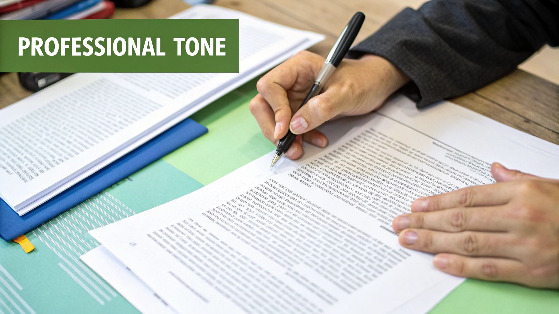 A person's hand writes on a document with a pen, emphasizing a professional tone.