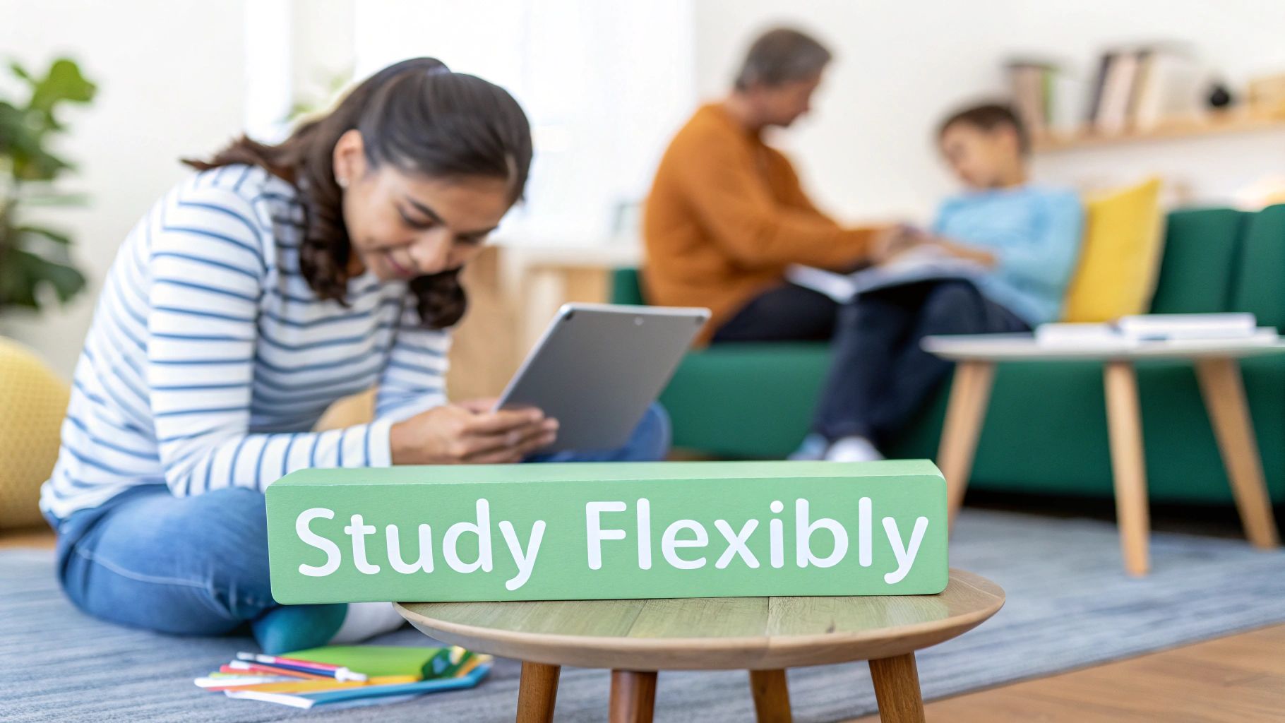 A woman smiles while studying on her laptop at a comfortable home desk.