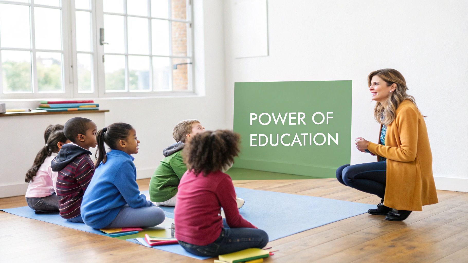 A diverse group of children sit on mats, watching a smiling teacher in front of a 'POWER OF EDUCATION' sign.
