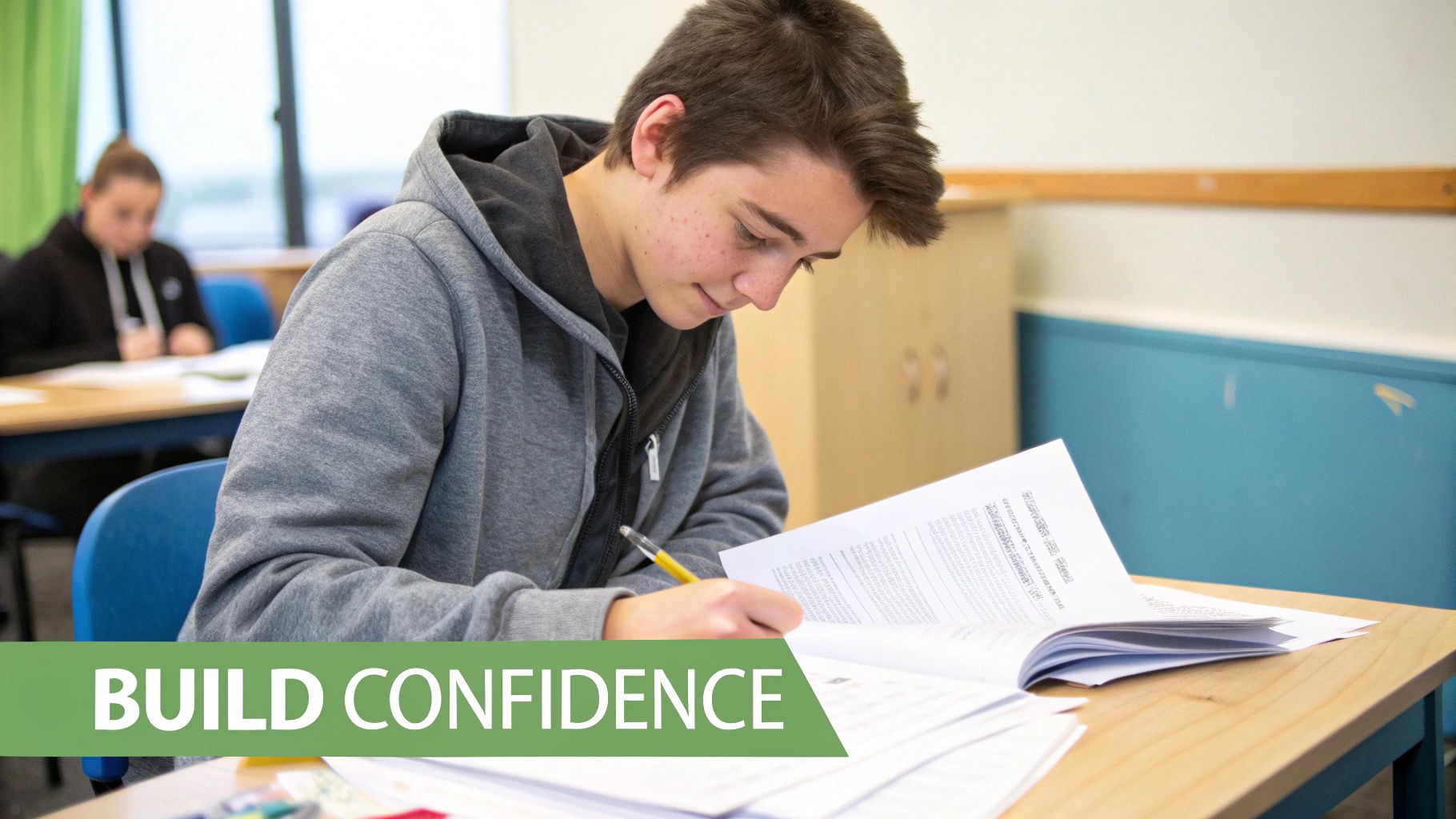 A student taking an online functional skills practice test on a laptop, looking focused.