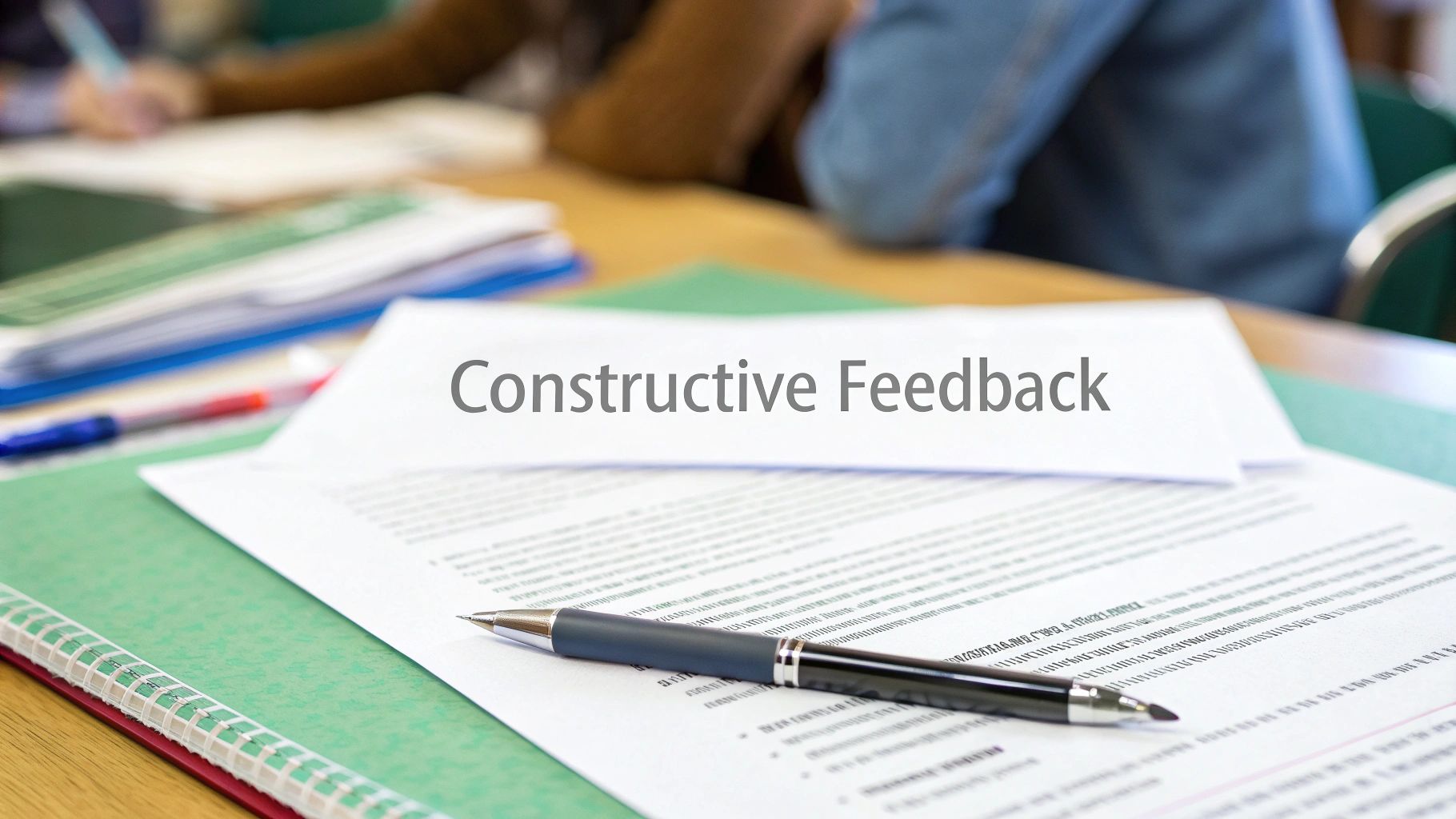 A document titled "Constructive Feedback" lies on a table with a pen and other papers.