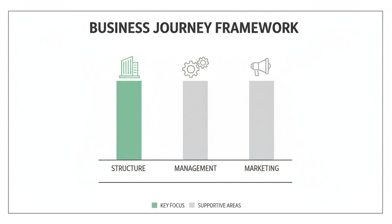 Bar chart illustrating a business journey framework with structure as the key focus and management and marketing as supportive areas.