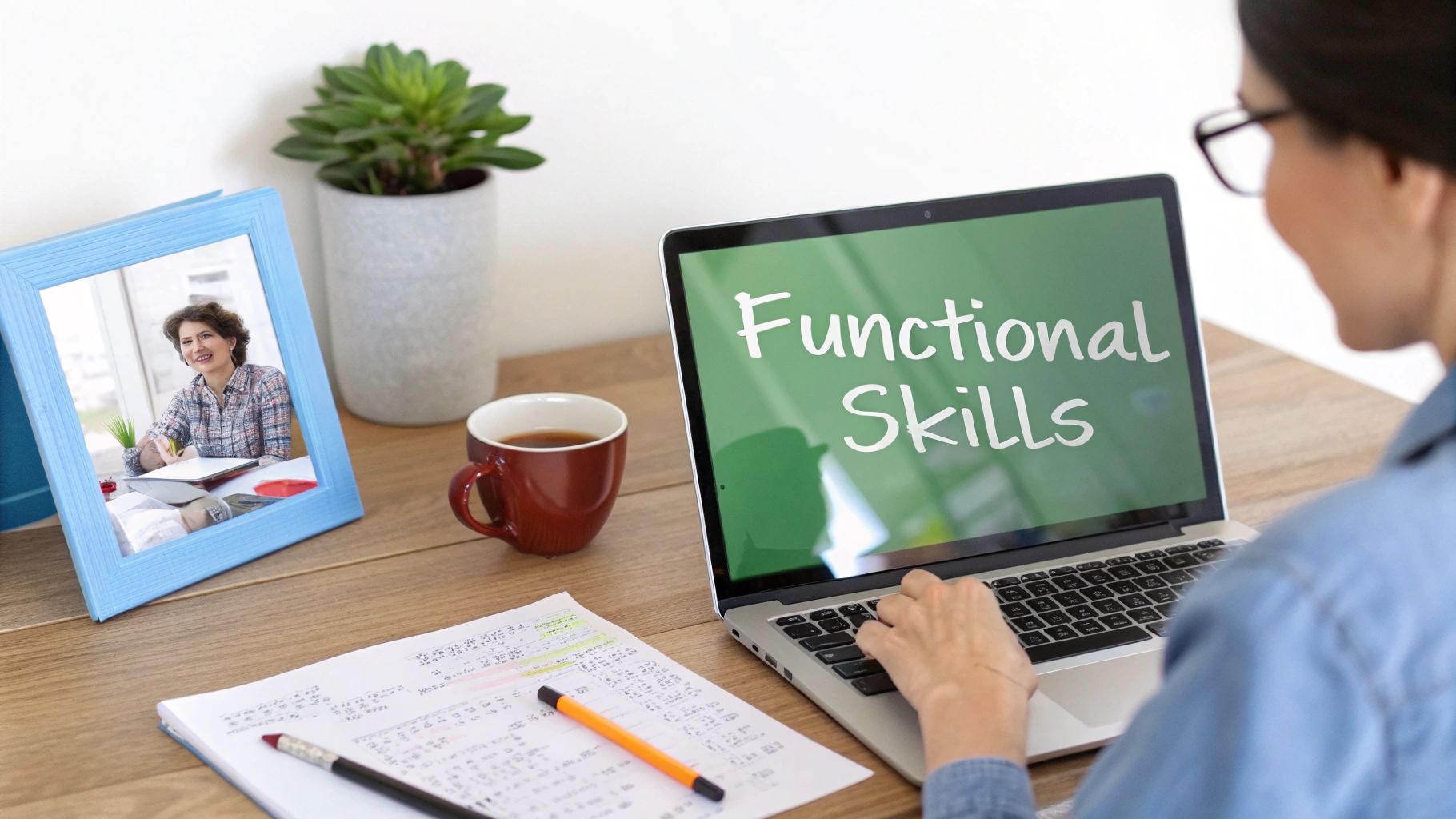 A person sitting at a desk studying online with a laptop, looking engaged and focused.