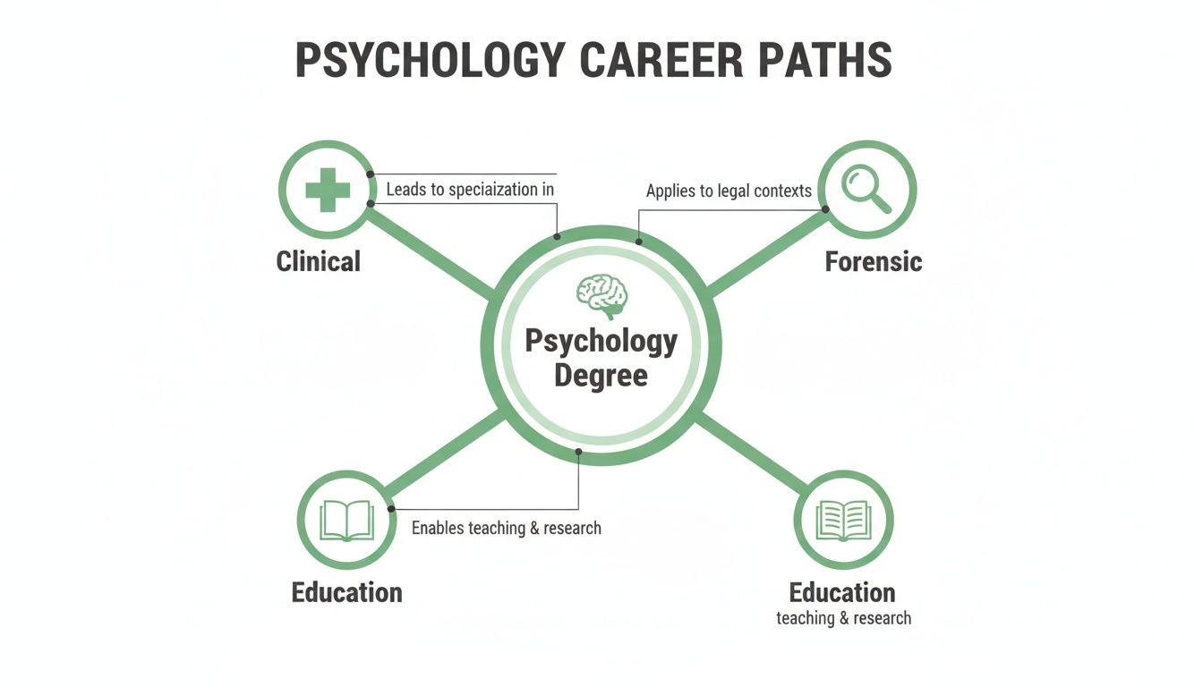 Infographic showing psychology degree career paths, including clinical, forensic, and education fields.
