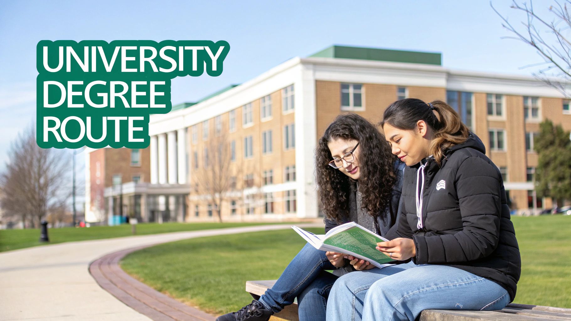 Two female students reading university brochure on campus discussing degree route options