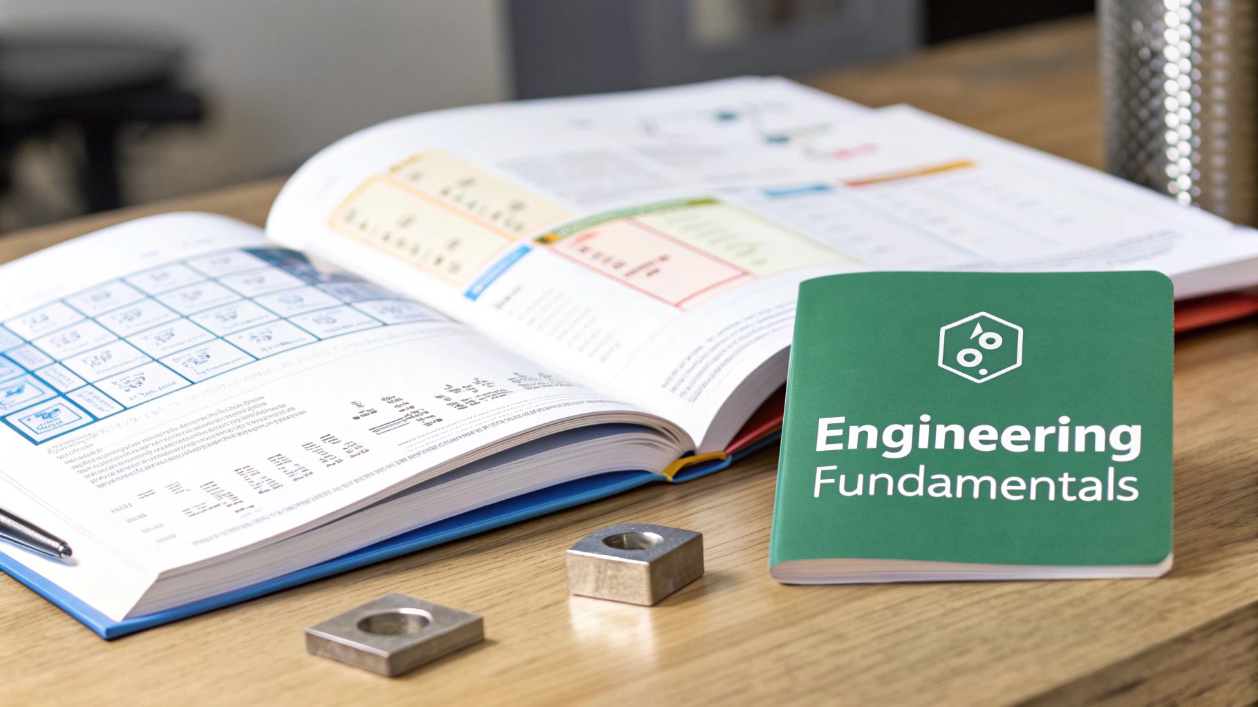 An open textbook, a green 'Engineering Fundamentals' book, and metal objects on a wooden table.
