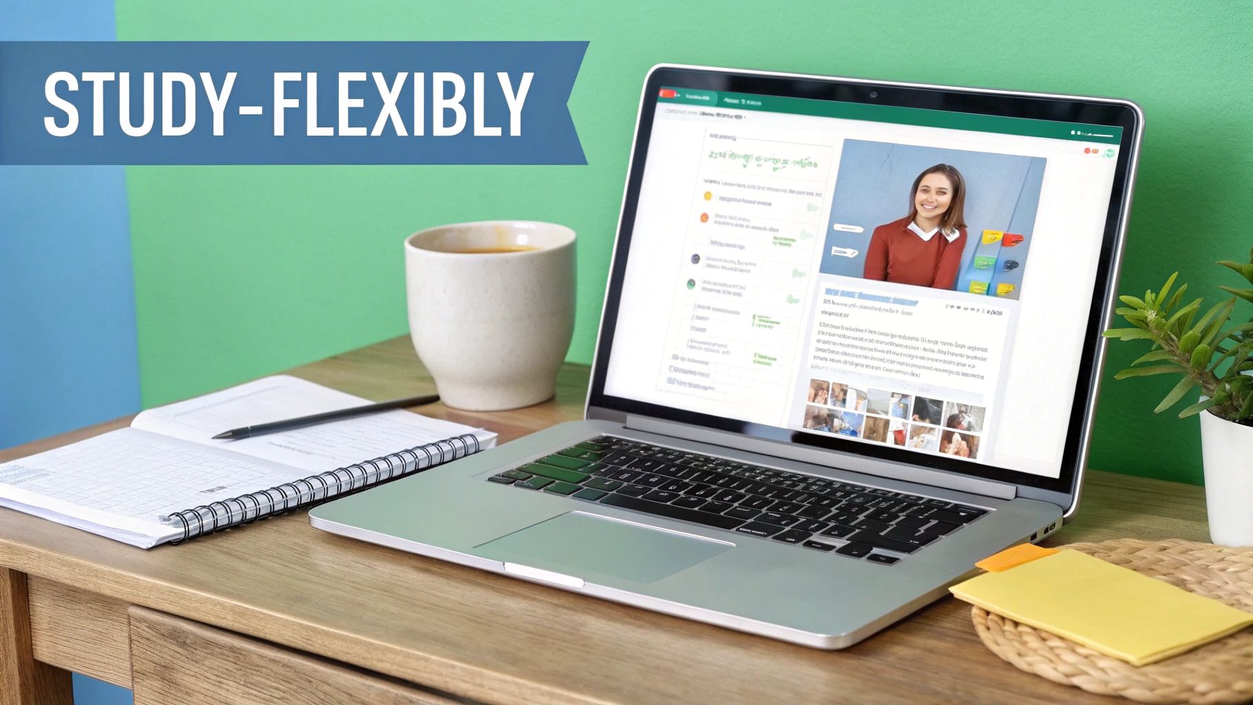 A laptop on a wooden desk showing an online learning platform with a 'STUDY-FLEXIBLY' banner.