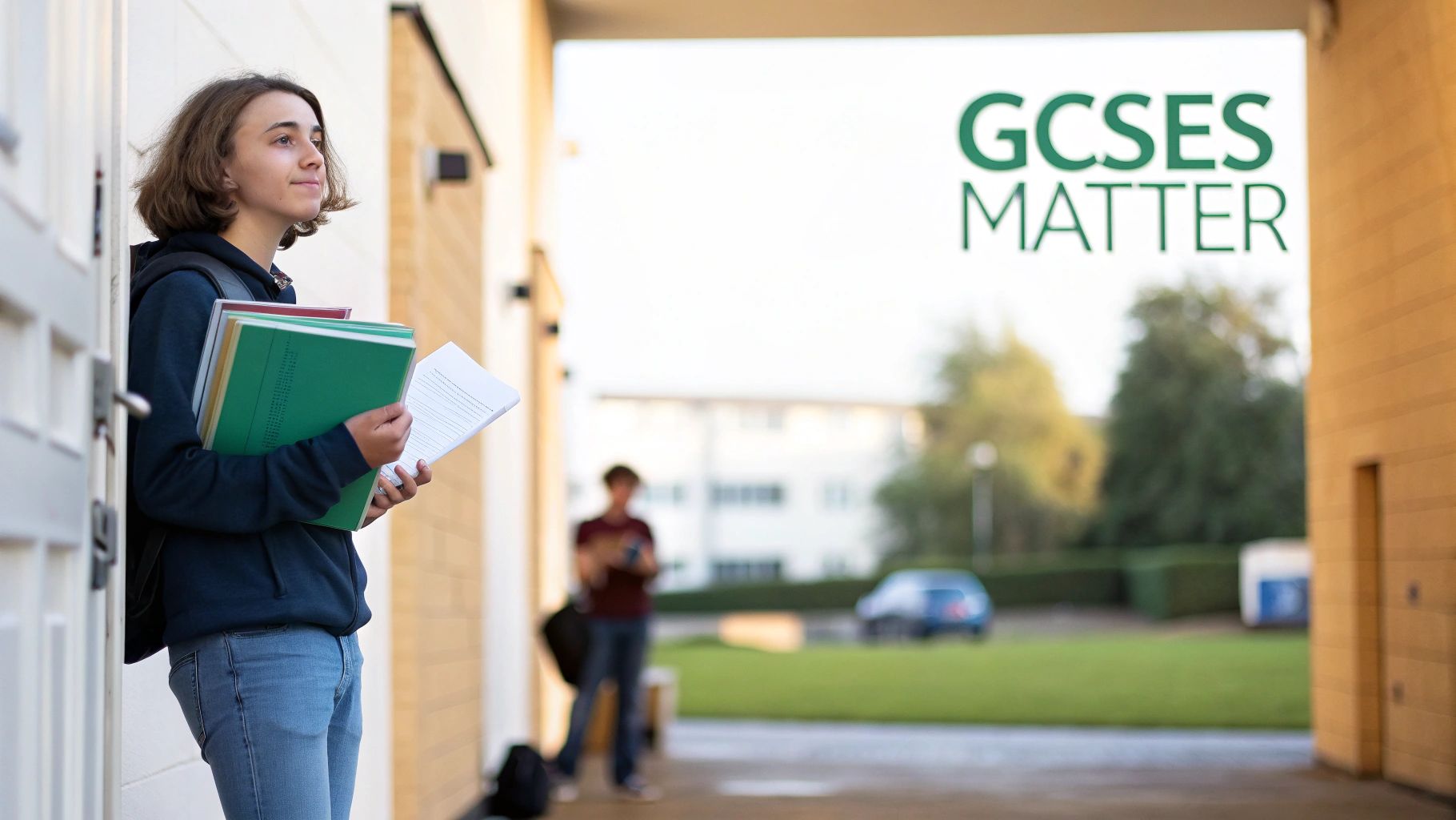 A hopeful student holds textbooks at a school entrance with 'GCSEs Matter' text in the background.