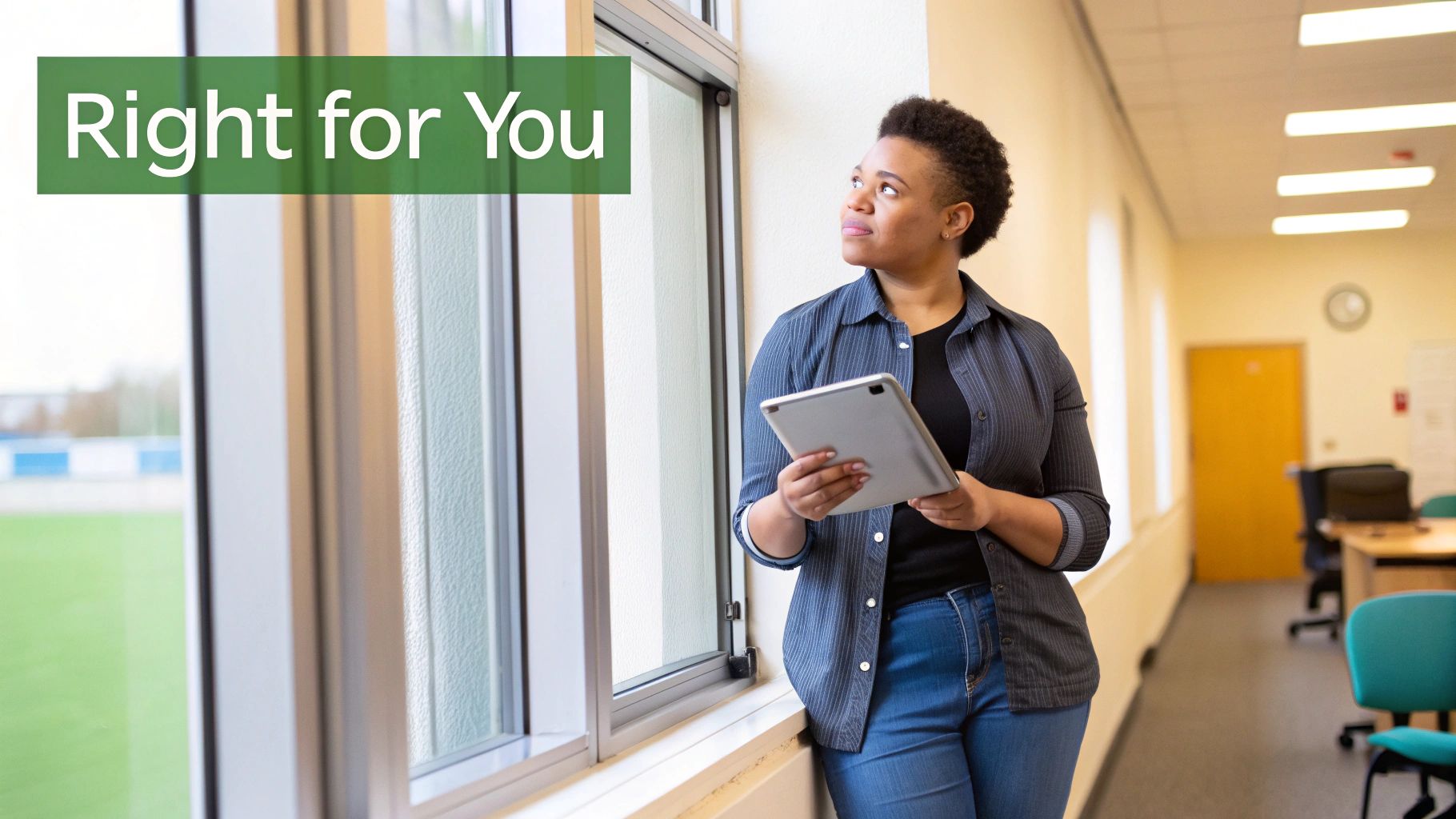 A woman holding a tablet looks contemplatively out a window in a bright hallway.