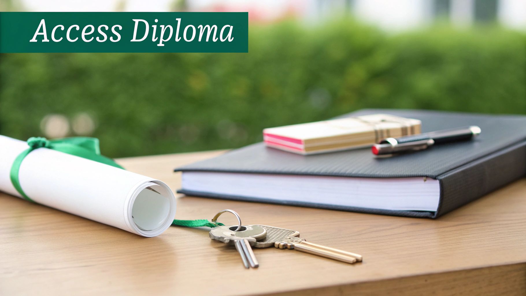 Rolled diploma with green ribbon, keys, notebook and pen on wooden desk representing educational achievement