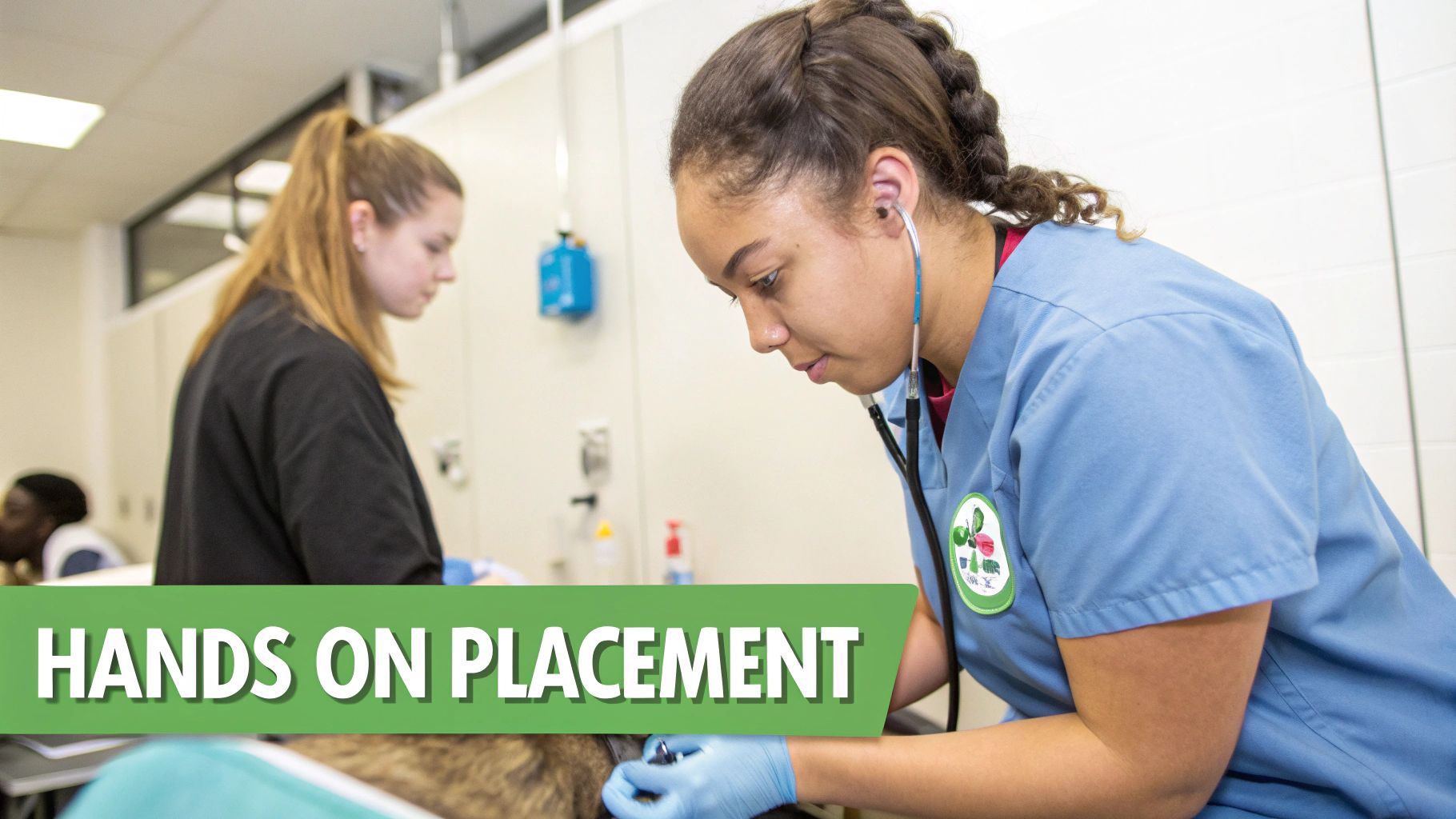 A veterinary nurse assistant comforting a cat during a check-up.