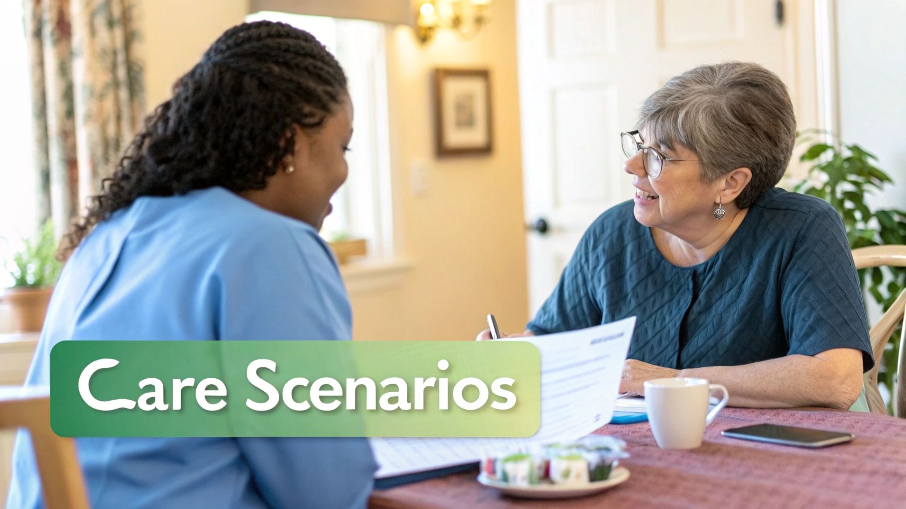 A care worker sits with an elderly man, listening attentively in a bright, comfortable room.