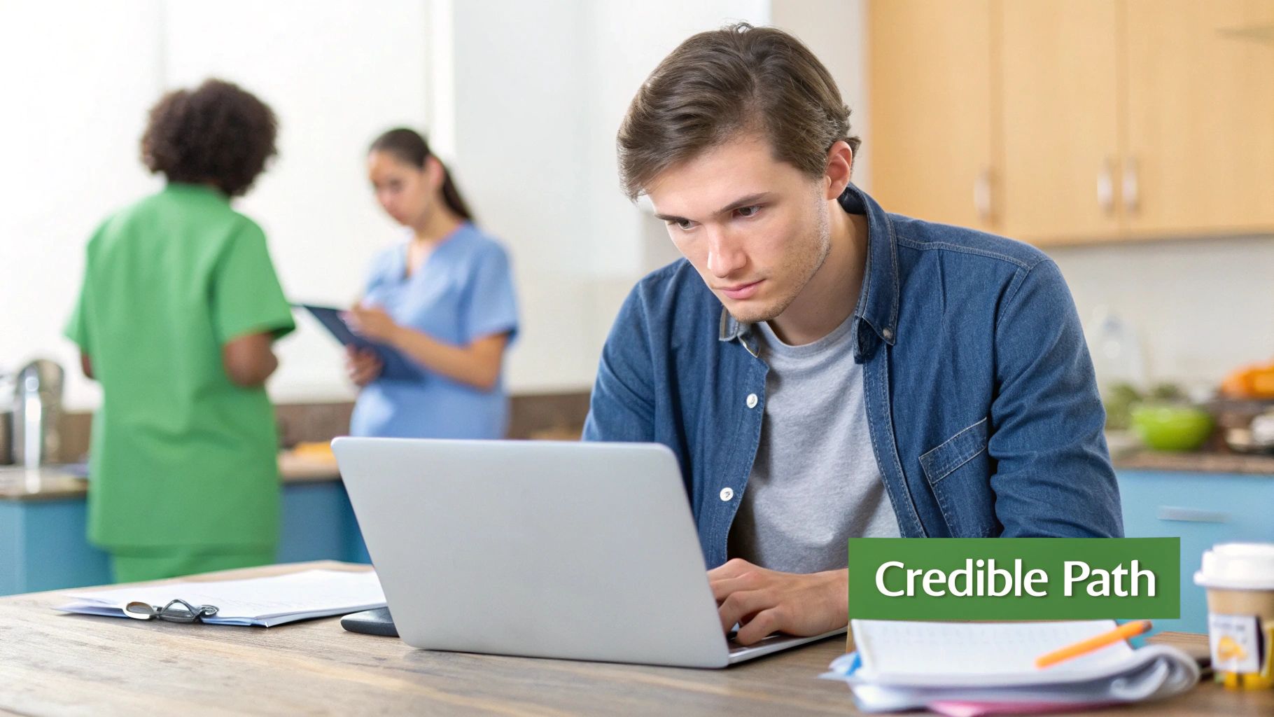 A social care worker assisting an elderly person in a wheelchair.