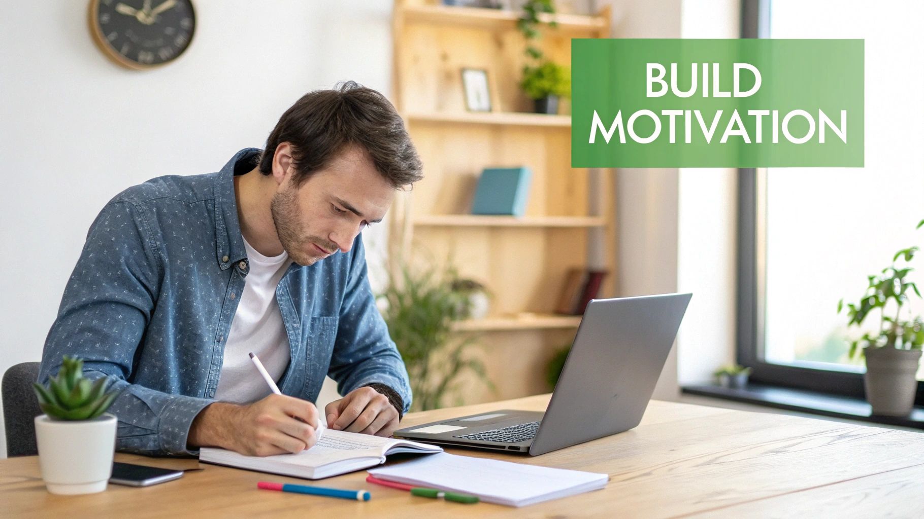 A student looking motivated while studying online with a laptop and notebook.