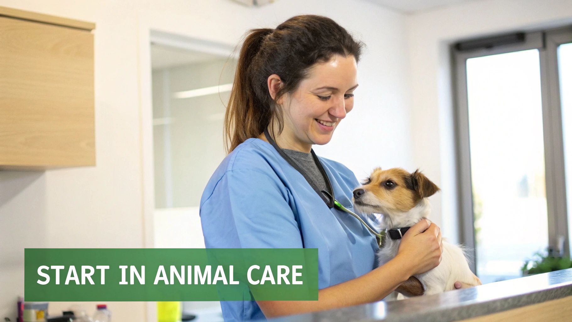 A veterinary nurse assistant checking the health of a small dog in a clinic.