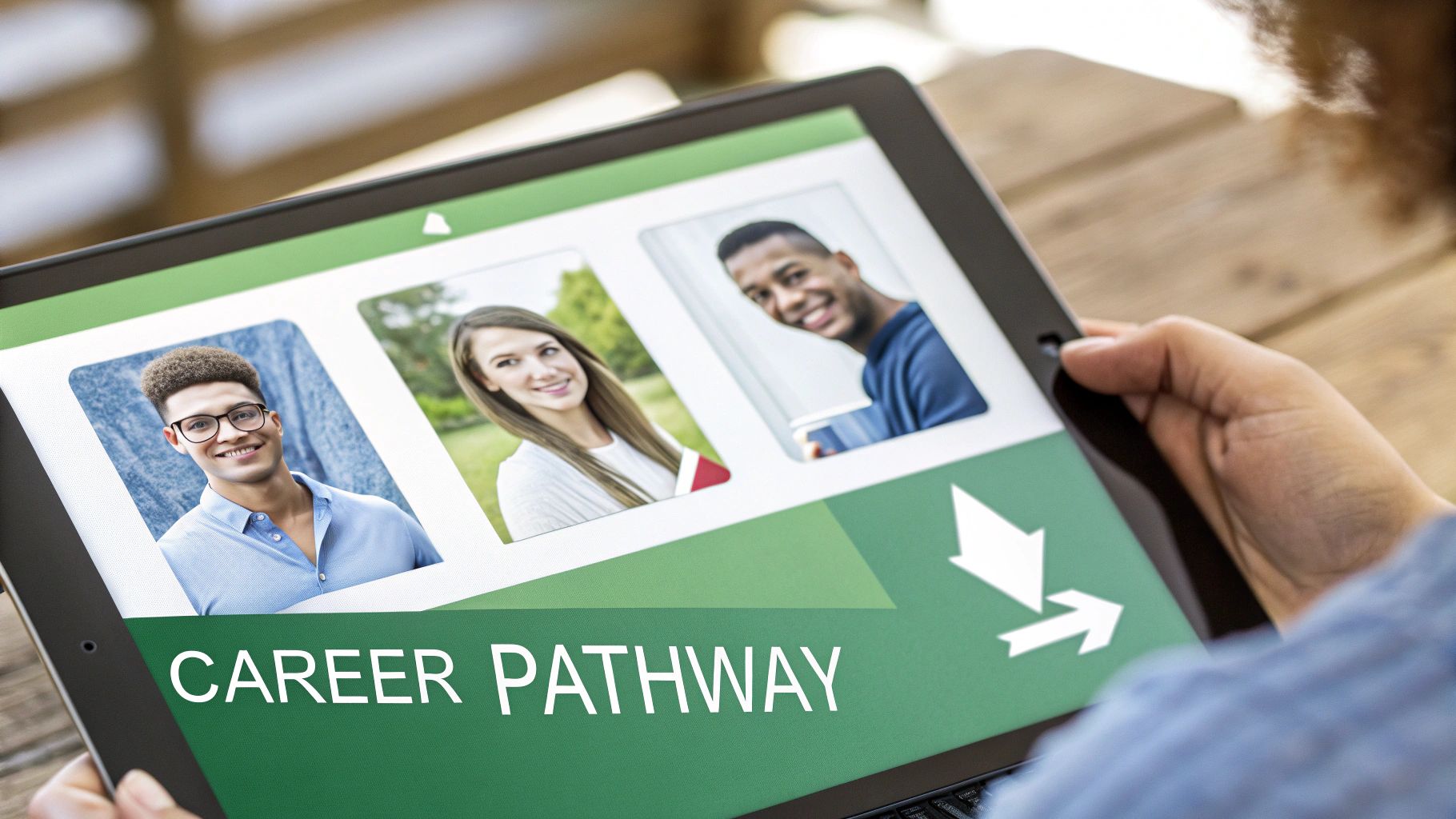 A person holds a tablet showing a 'CAREER PATHWAY' screen with young professionals' portraits and arrows.