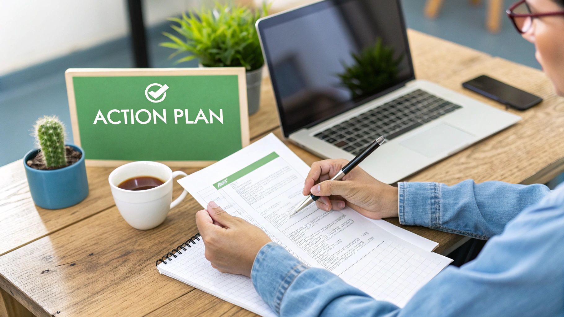 A person confidently sketching out a career action plan at a desk with a laptop and notebook.