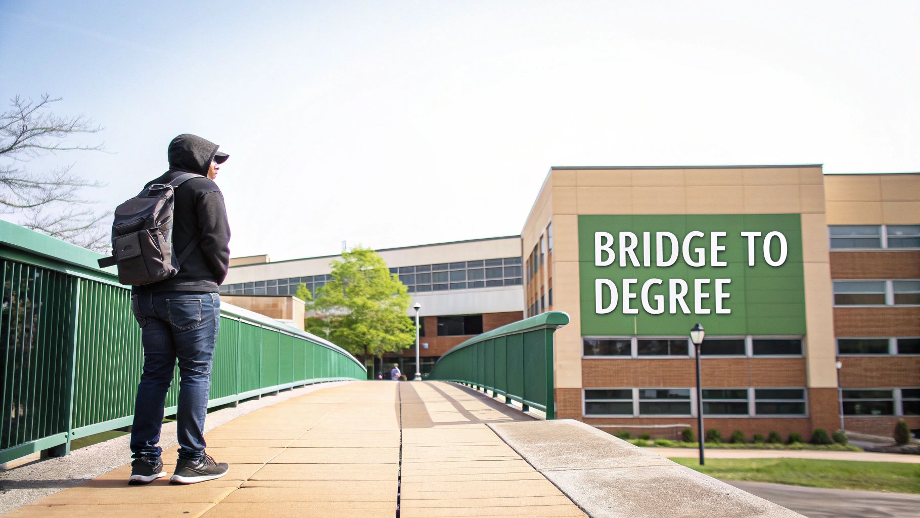 A student stands on a bridge looking towards a building with "BRIDGE TO DEGREE" text.
