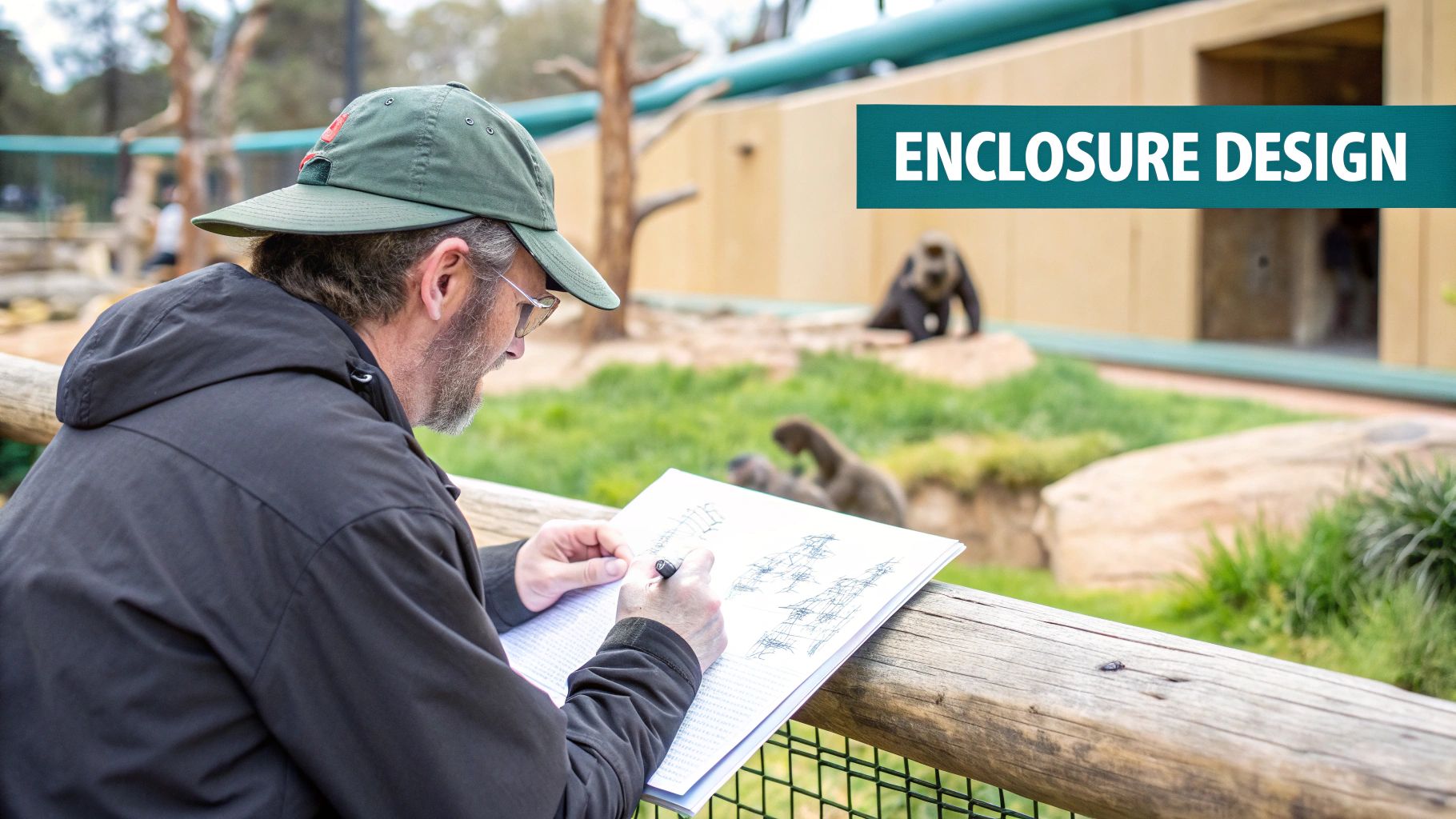 A man in a hat sketches enclosure designs at a zoo, observing animals in the background.