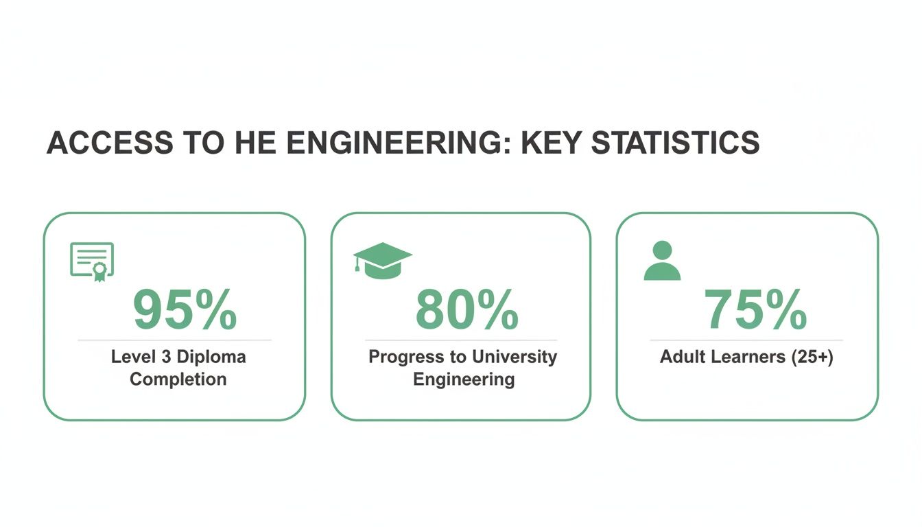 Key statistics for Access to HE Engineering: 95% diploma completion, 80% progress to university, 75% adult learners.