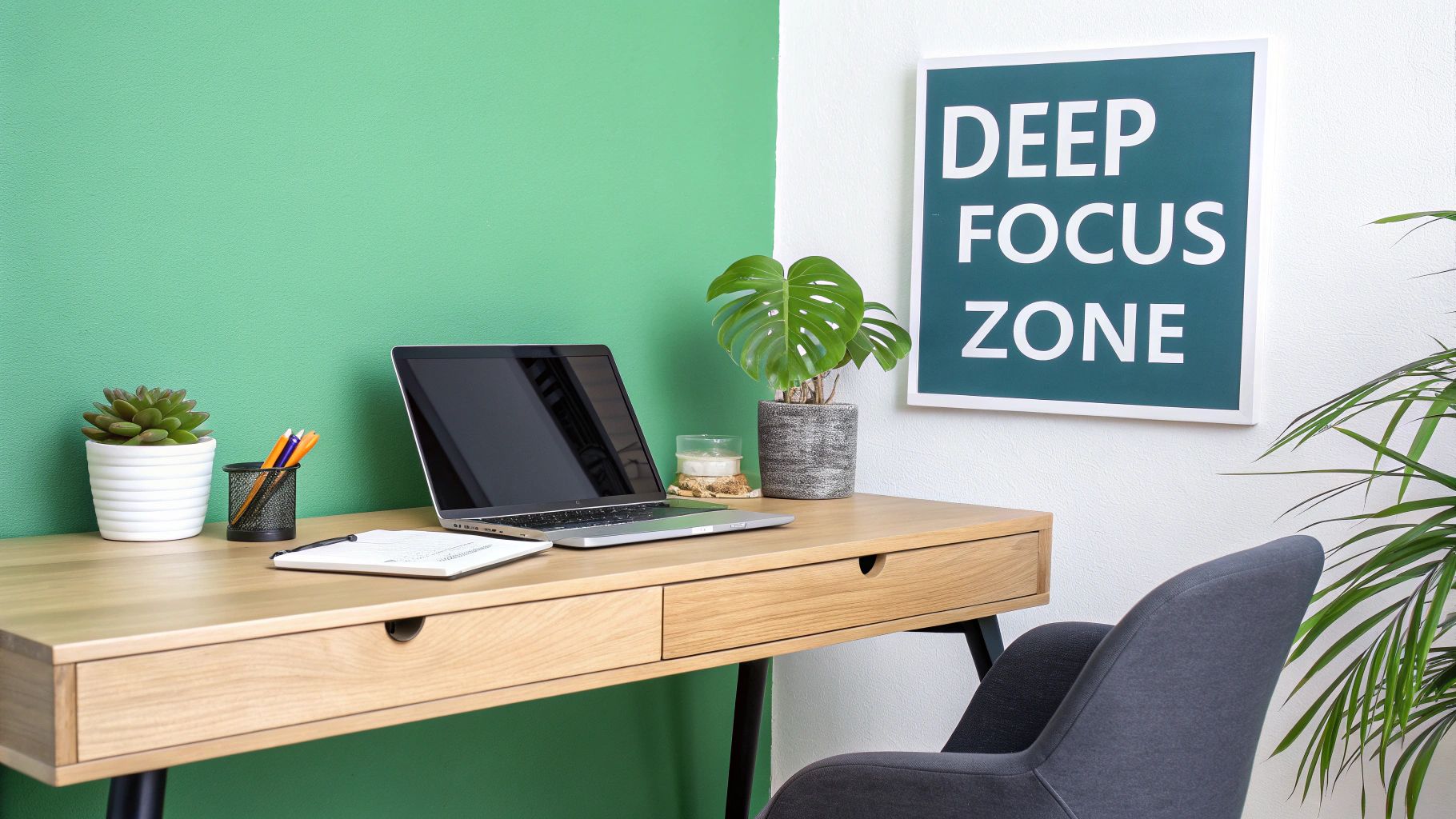 A clean and organised desk space with a laptop, notebook, and good lighting.