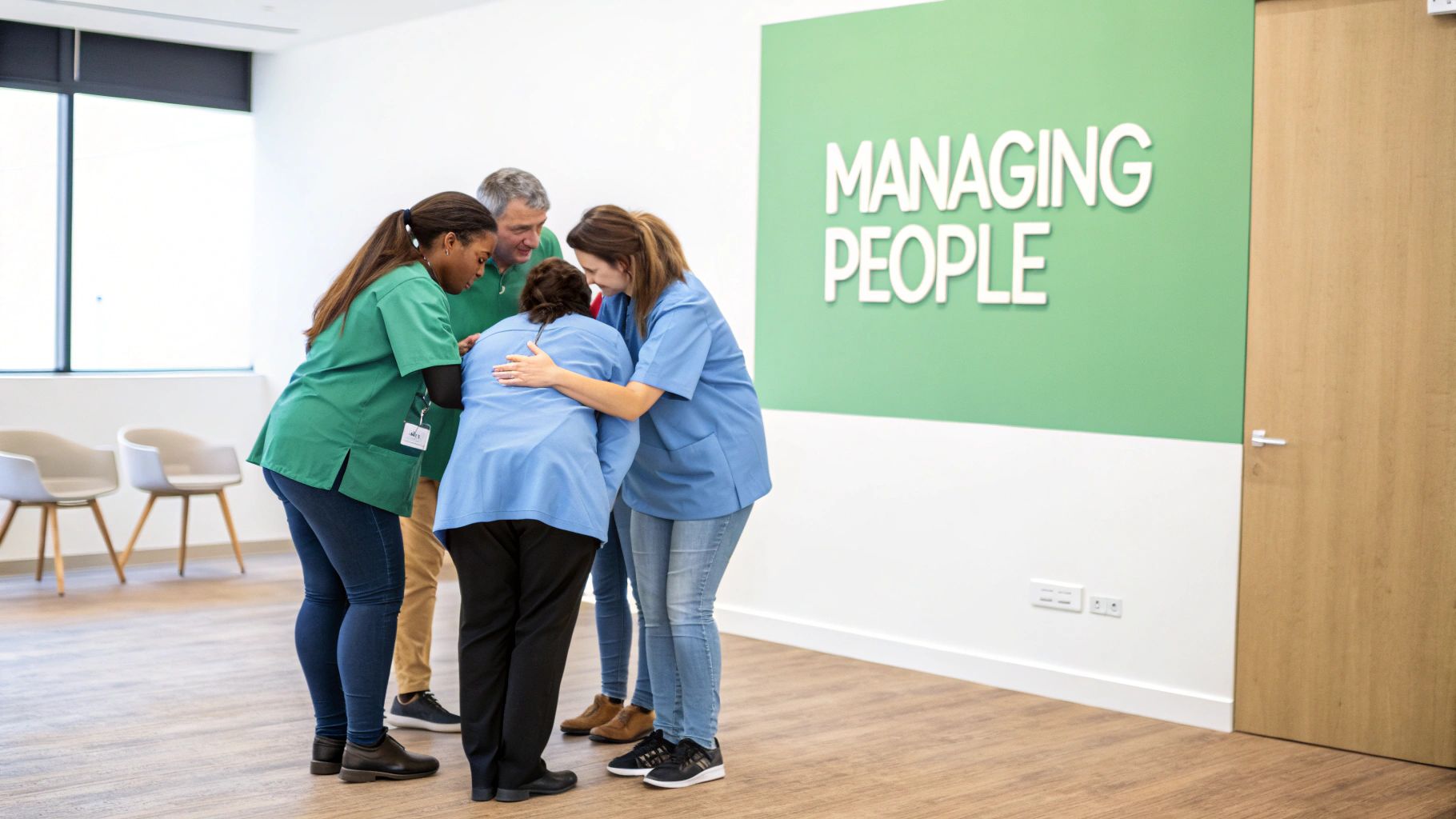 Five healthcare professionals huddle in a room with 'MANAGING PEOPLE' sign on the wall.