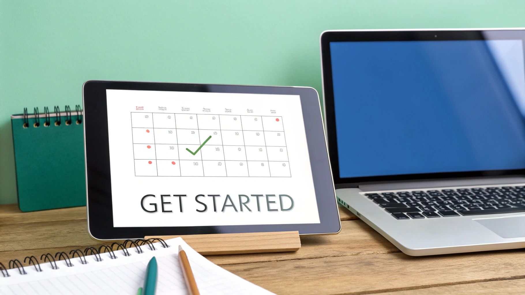 A tablet displaying a 'GET STARTED' message and a calendar with a checkmark, next to a laptop on a wooden desk.