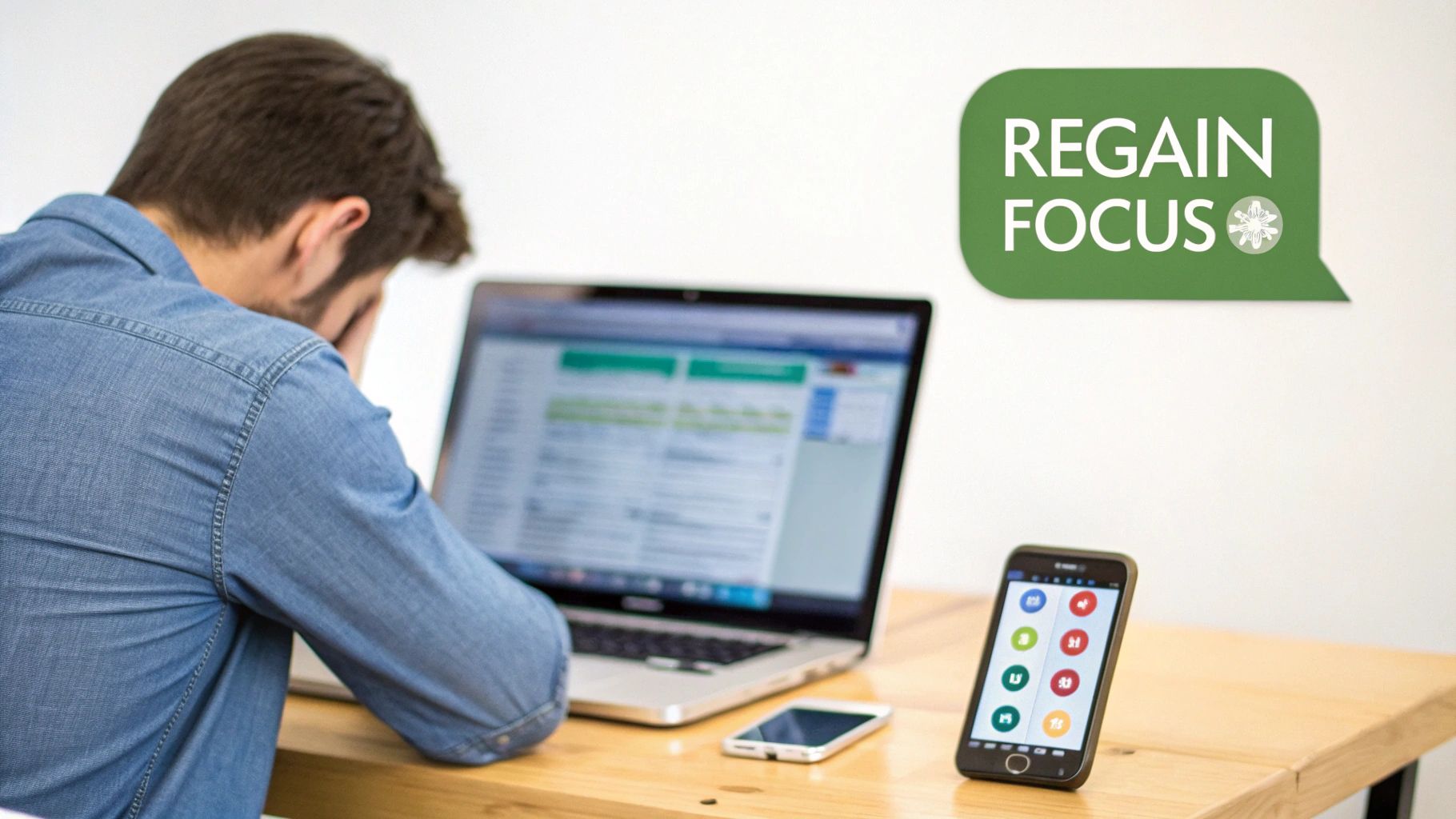 A man holds his head in his hands, frustrated by his laptop, seeking to regain focus.