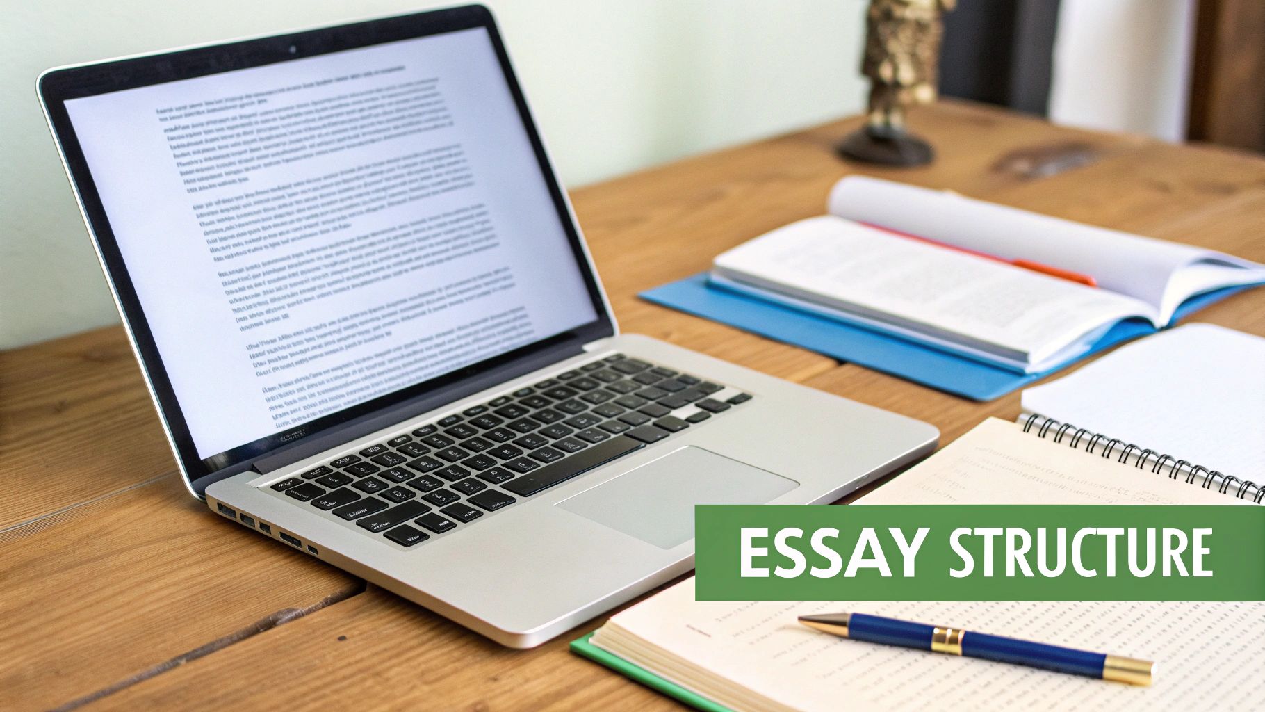 A desk with a laptop displaying text, open books, a notebook, and a pen, featuring an 'ESSAY STRUCTURE' overlay.