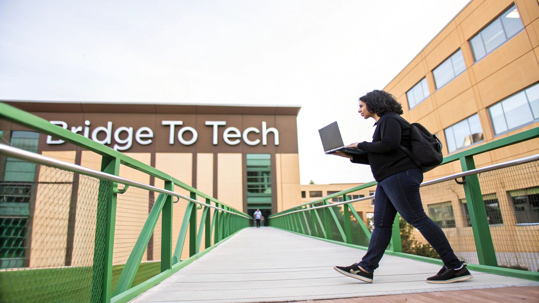 A woman walks on a bridge, holding a laptop, towards a building named 'Bridge To Tech'.