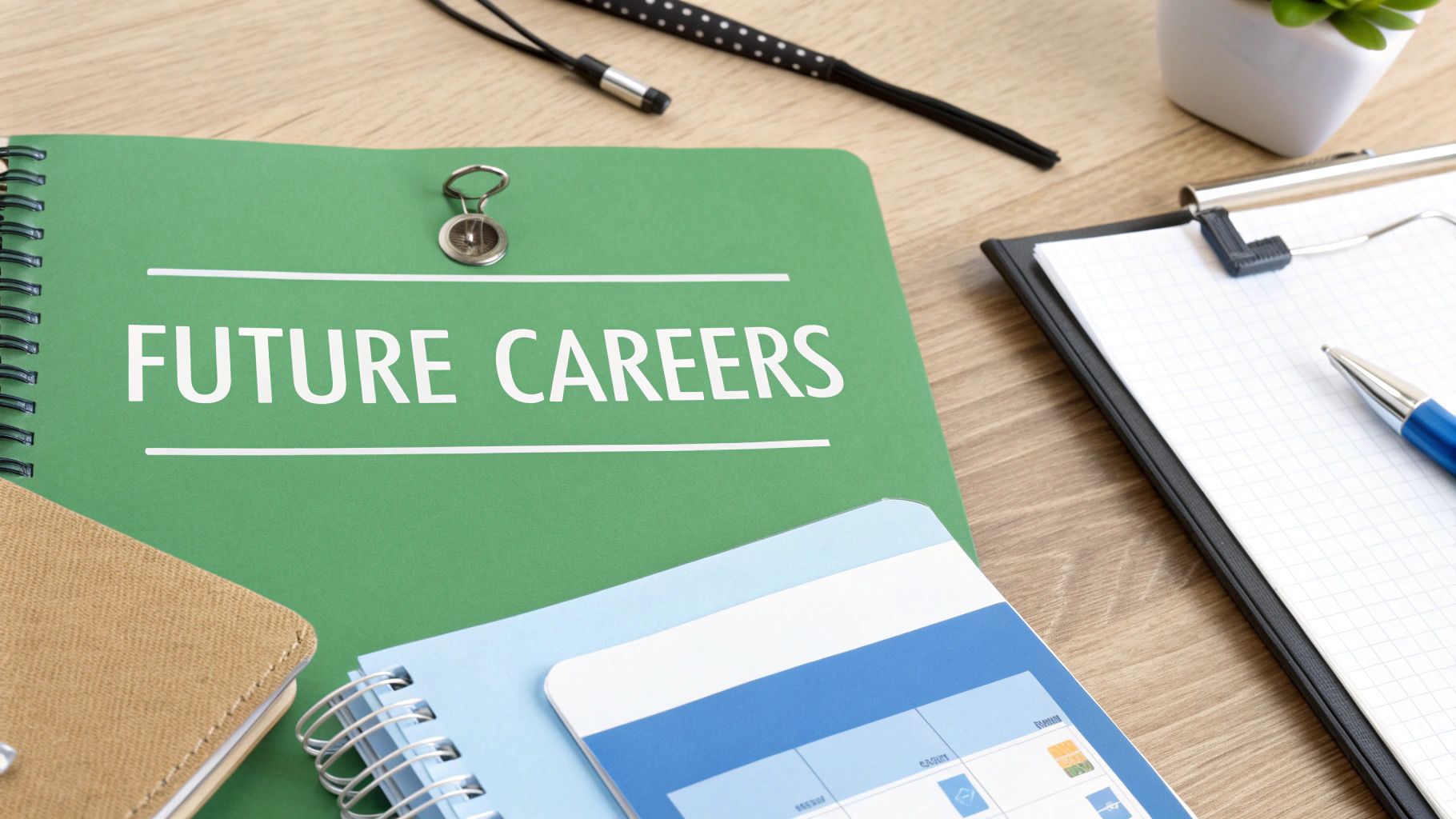 A green notebook titled 'FUTURE CAREERS' on a wooden desk with other office supplies.