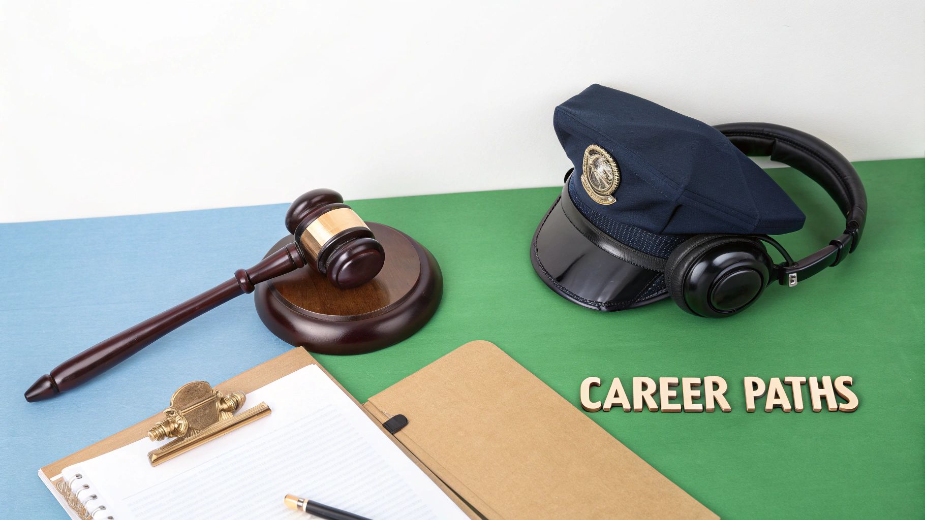 A collage of professionals in various criminology-related fields, like a police officer, a probation officer, and a data analyst.