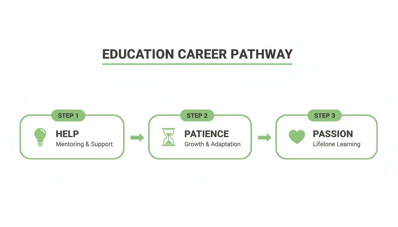 A green and white infographic illustrating the education career pathway with three steps: Help, Patience, and Passion.