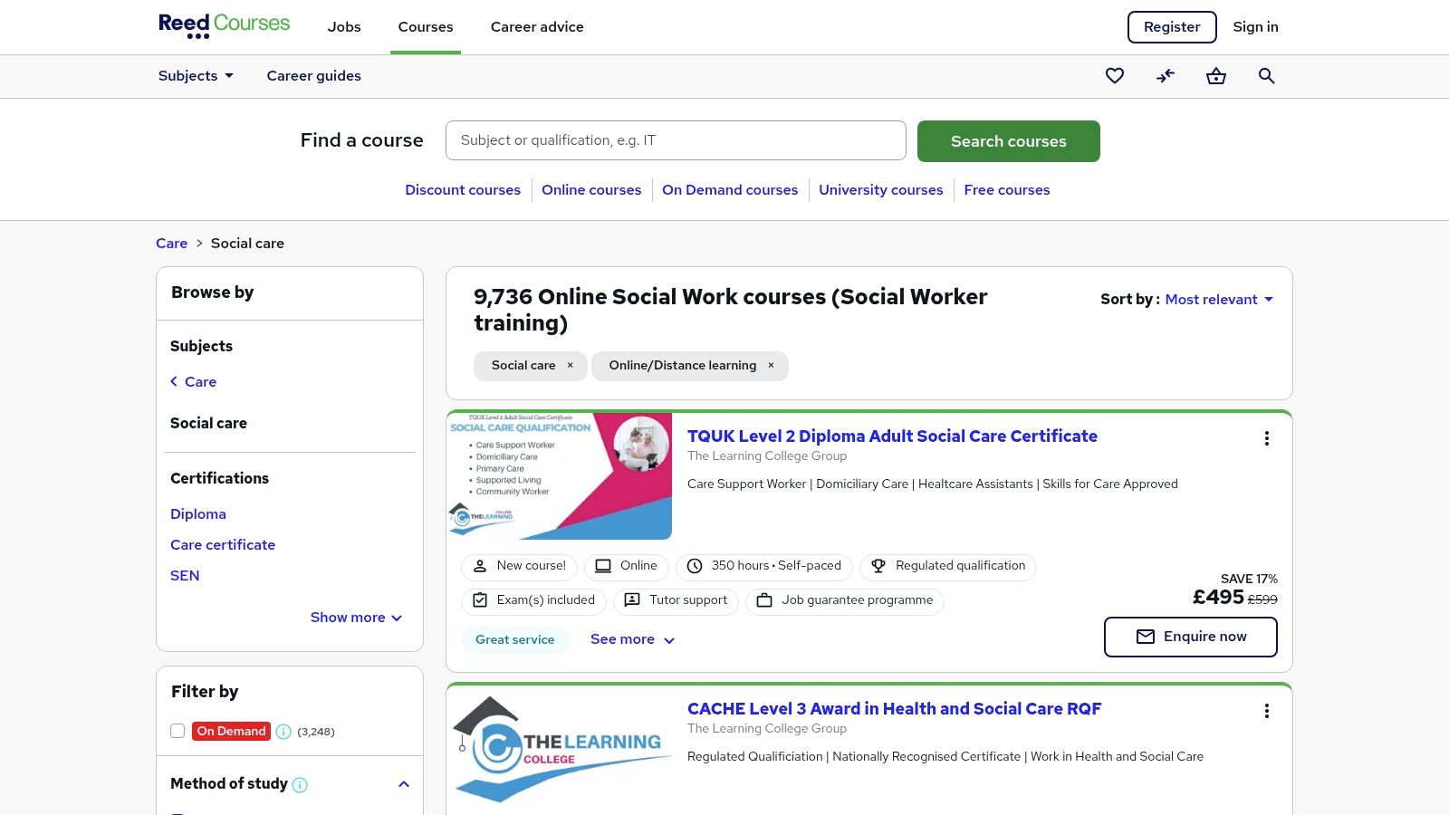 Reed Courses – UK training marketplace (Social Work/Social Care category)
